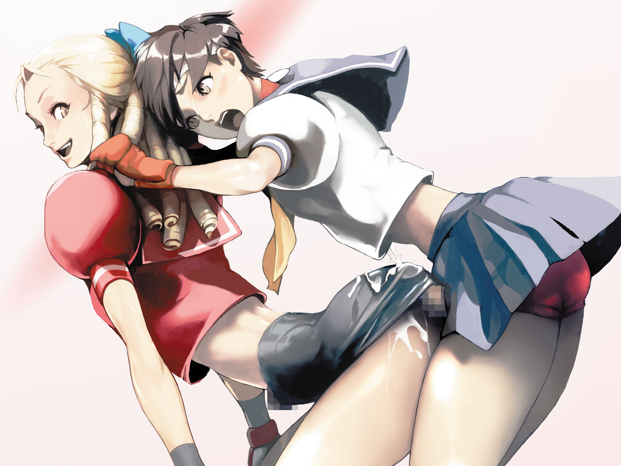 1futa, 1girls, after sex, ass, behind, big ass, blonde hair, blush, breasts, brown hair, censored, clothes, cum, cum drip, cum in clothes, cum inside, cum shot, cum through clothes, cumdrip, cumshot, dickgirl, erection, female, fucked silly, futa on female, futanari, human, intersex, karin kanzuki, light skin, penis, penis out, sakura kasugano, sammohung, small breasts, small penis, street fighter