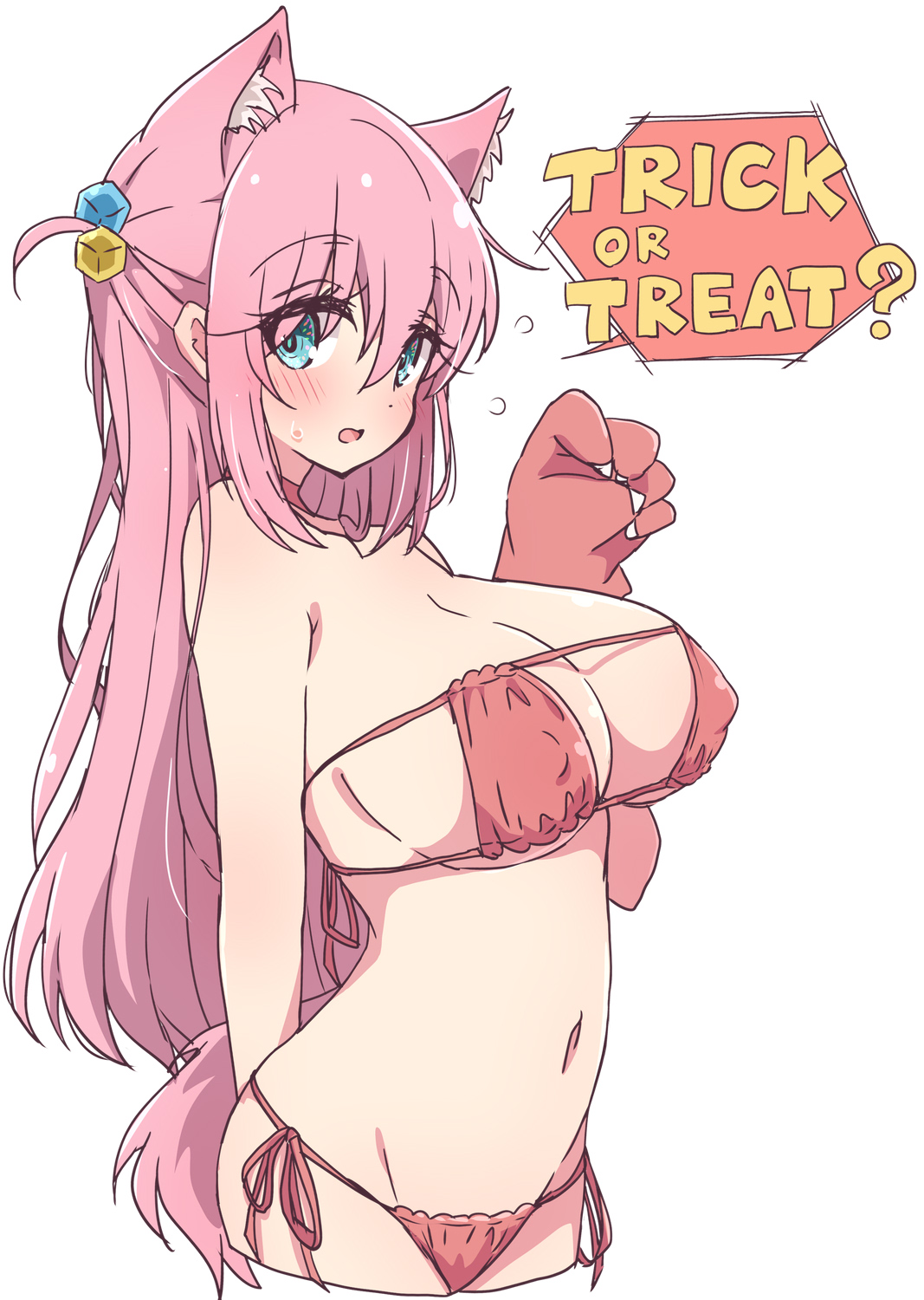 1girls, animal ears, anxious, bikini, blush, bocchi the rock!, breasts, cat ears, cat paws, covered nipples, english text, female, gotou hitori, halloween, halloween costume, huge breasts, large breasts, looking aside, melty pot, nervous, paw pose, shy, solo, sweatdrop, text