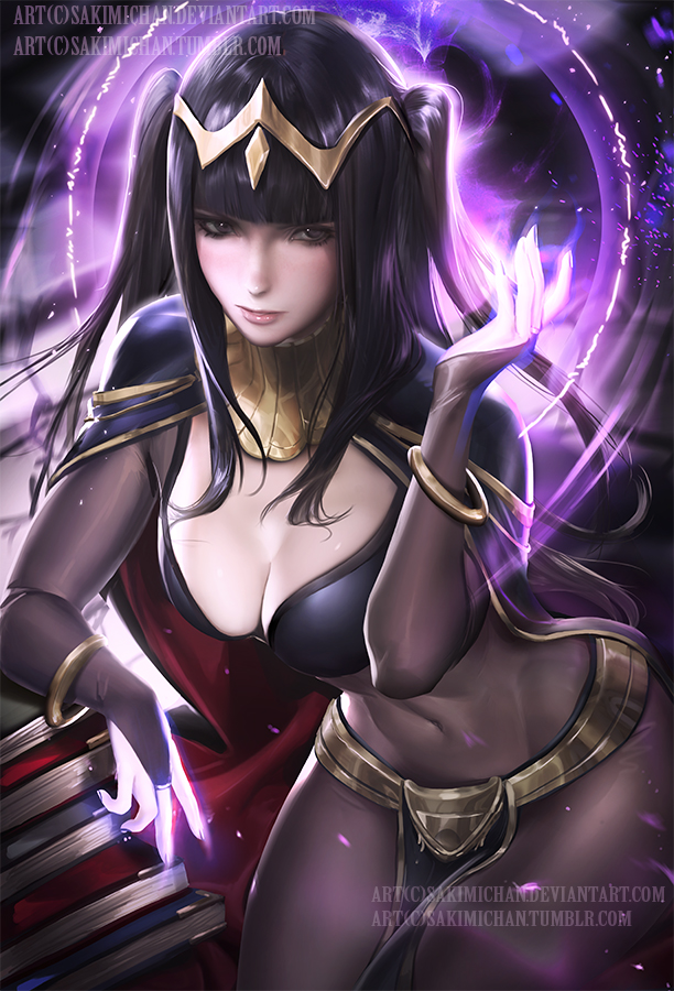 black hair, bodystocking, bodysuit, bra, bracelet, bridal gauntlets, cape, circlet, cleavage, female, fire emblem, fire emblem awakening, loincloth, long hair, navel, nintendo, sakimichan, see-through, solo, tharja (fire emblem)