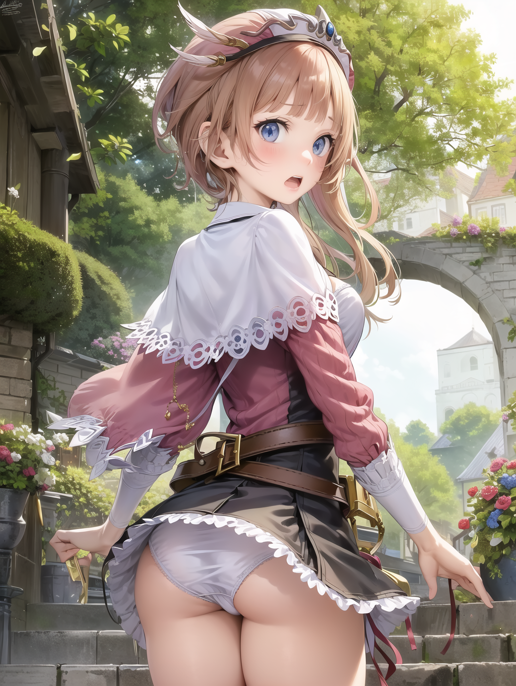 ai_generated ass atelier_(series) atelier_rorona blue_eyes blush breasts brown_hair cameltoe capelet corset embarrassed female from_behind hat long_hair looking_at_viewer looking_back medium_breasts open_mouth panties rororina_fryxell shiny shiny_hair shiny_skin sideboob skirt skirt_lift solo