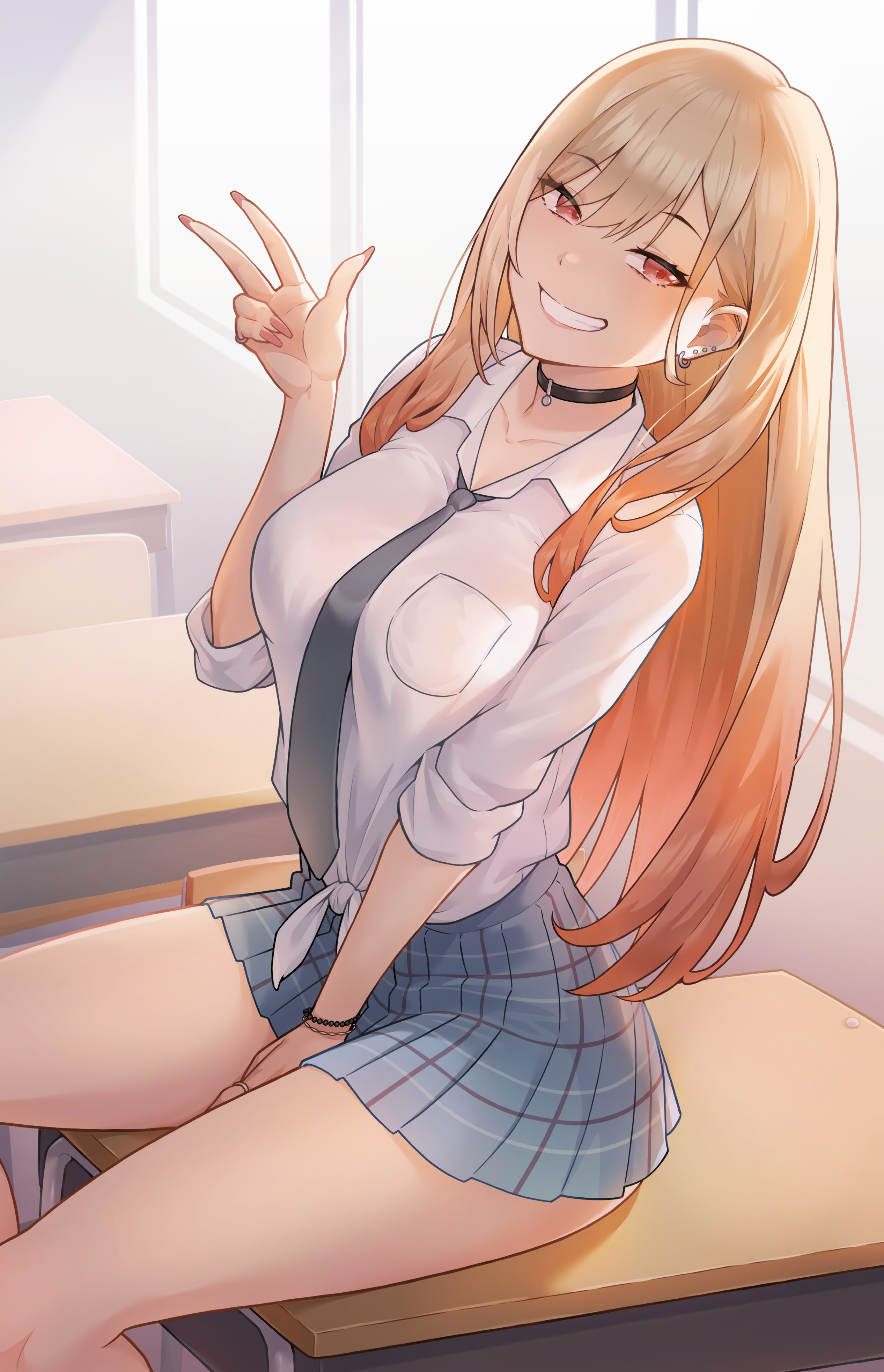 1girls, 2022, between legs, blonde hair, blush, bracelet, choker, classroom, classroom desk, cleavage, ear piercing, earrings, eyebrows visible through hair, eyes visible through hair, female, fully clothed, gyaru, hand between legs, hand between own legs, kitagawa marin, long fingernails, long hair, looking at viewer, peace sign, portrait, radjeong, rolled up sleeves, school uniform, shirt, sitting, skirt, smiling, smiling at viewer, solo, solo female, solo focus, sono bisque doll wa koi wo suru, sunlight, teeth, thick thighs, thighs, tie, tied shirt, v