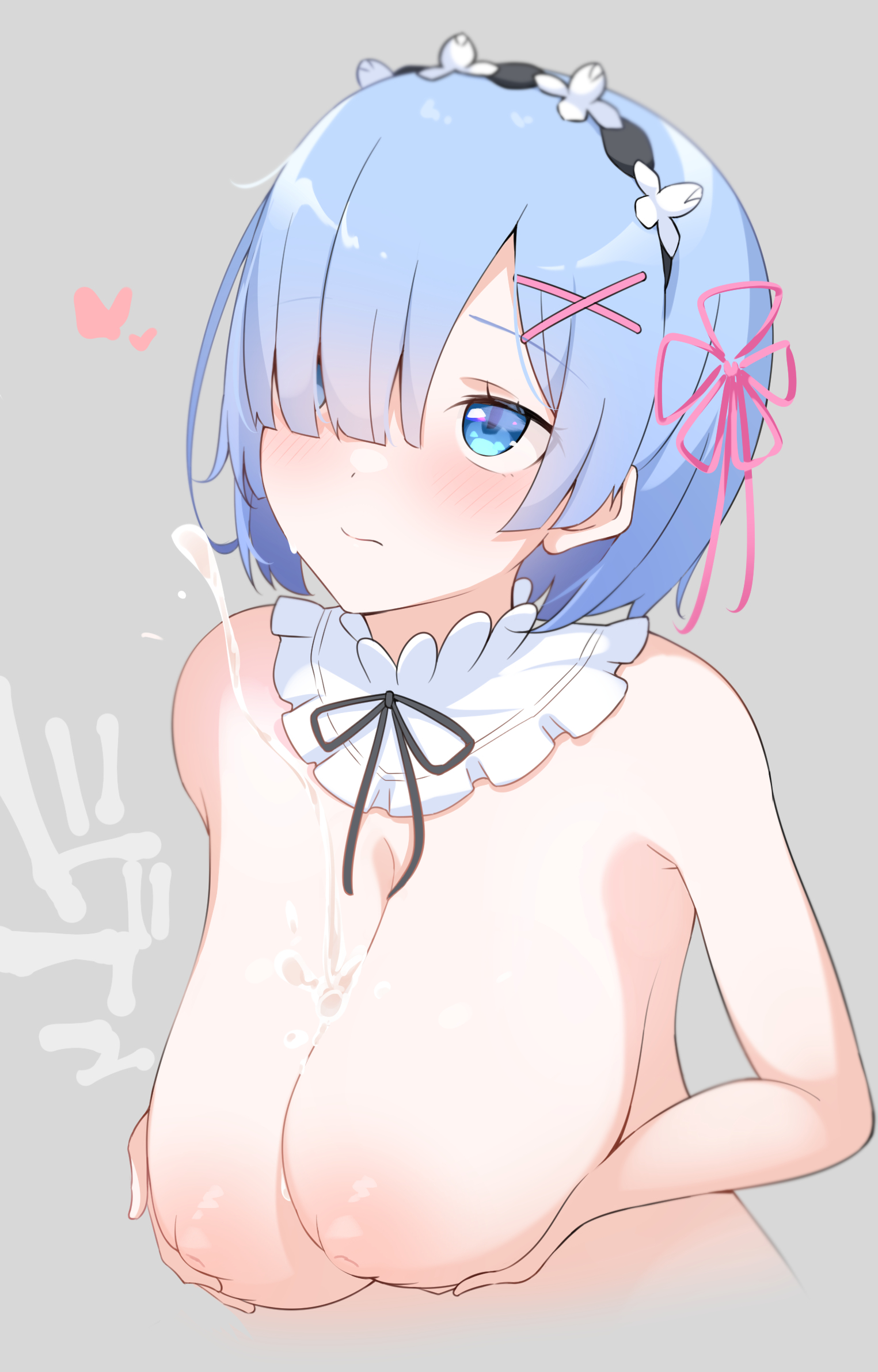 1girls, 2d, bangs, bare shoulders, big breasts, blue eyes, blue hair, blush, breasts, cum, cum on breasts, female, female only, functionally nude, hair ornament, hair over one eye, holding breast, human, light skin, light-skinned female, maid headdress, matching hair/eyes, neckwear, nude, nude female, one eye obstructed, re:zero kara hajimeru isekai seikatsu, rem (re:zero), saggy breasts, short hair, simple background, x hair ornament, xlyami
