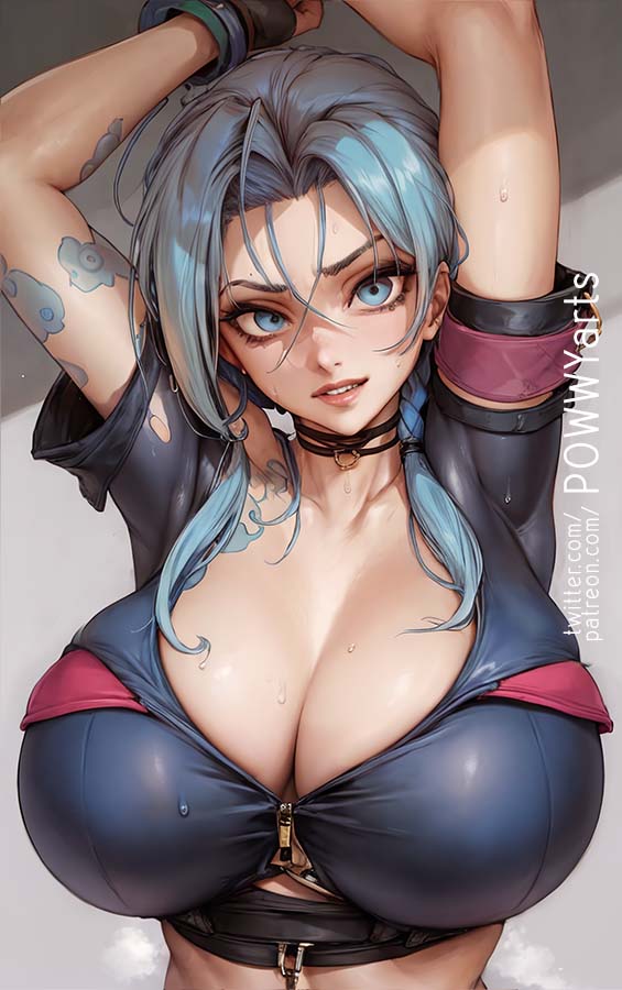 ai generated, big breasts, blue hair, breasts, female, jinx (league of legends), league of legends, stable diffusion