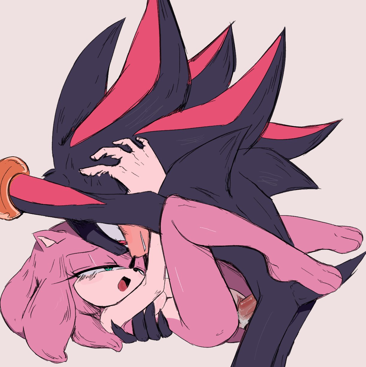 1:1 aspect ratio, 1boy, 1girls, 2023, 2d, 2d (artwork), 3 toes, amy rose, animal ears, anthro, anthro on anthro, anthro only, anthro penetrated, anthro penetrating, anthro penetrating anthro, artist request, barefoot, big penis, black fur, black nose, blush, blush lines, breasts, claws, completely nude female, cum, cum in pussy, cum inside, digital art, digital drawing (artwork), eulipotyphlan, eyelashes, female, furry, furry ears, furry only, gold bracelet, green eyes, half-closed eyes, hedgehog, hedgehog boy, hedgehog girl, holding, holding another's head, inhibitor ring, legs up, light-skinned female, looking at another, looking at partner, looking pleasured, male, male/female, mammal, medium breasts, missionary, missionary position, mobian (species), mobian hedgehog, naked, no background, nude, open mouth, penis, pink fur, pussy, red eyes, red fur, red stripes, sega, sex, shadow the hedgehog, simple background, sonic (series), sonic the hedgehog (series), spread legs, spreading, straight, straight sex, tail, tan-skinned male, three-tone fur, two-tone fur, vaginal penetration, vaginal sex