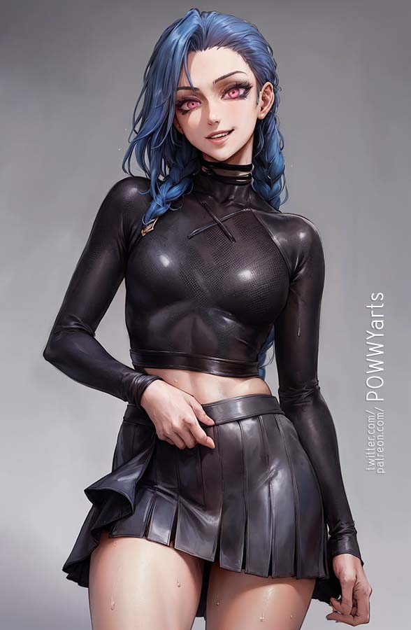 ai generated, blue hair, eye contact, female, jinx (league of legends), league of legends, skirt, stable diffusion