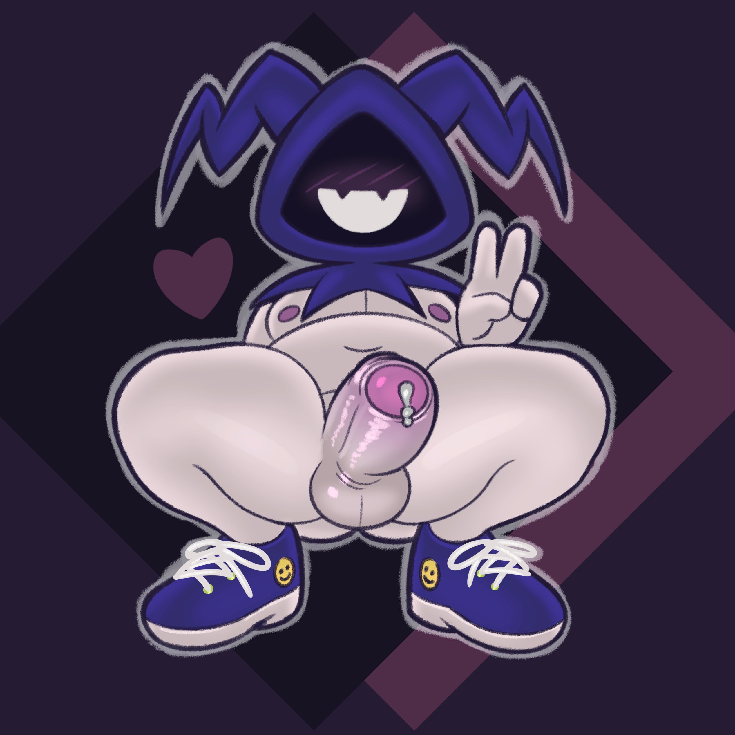 1boy, balls, faceless male, gemsum, jack frost (megami tensei), legs apart, male, male only, megami tensei, non-human, peace sign, penis, precum, presenting penis, toony