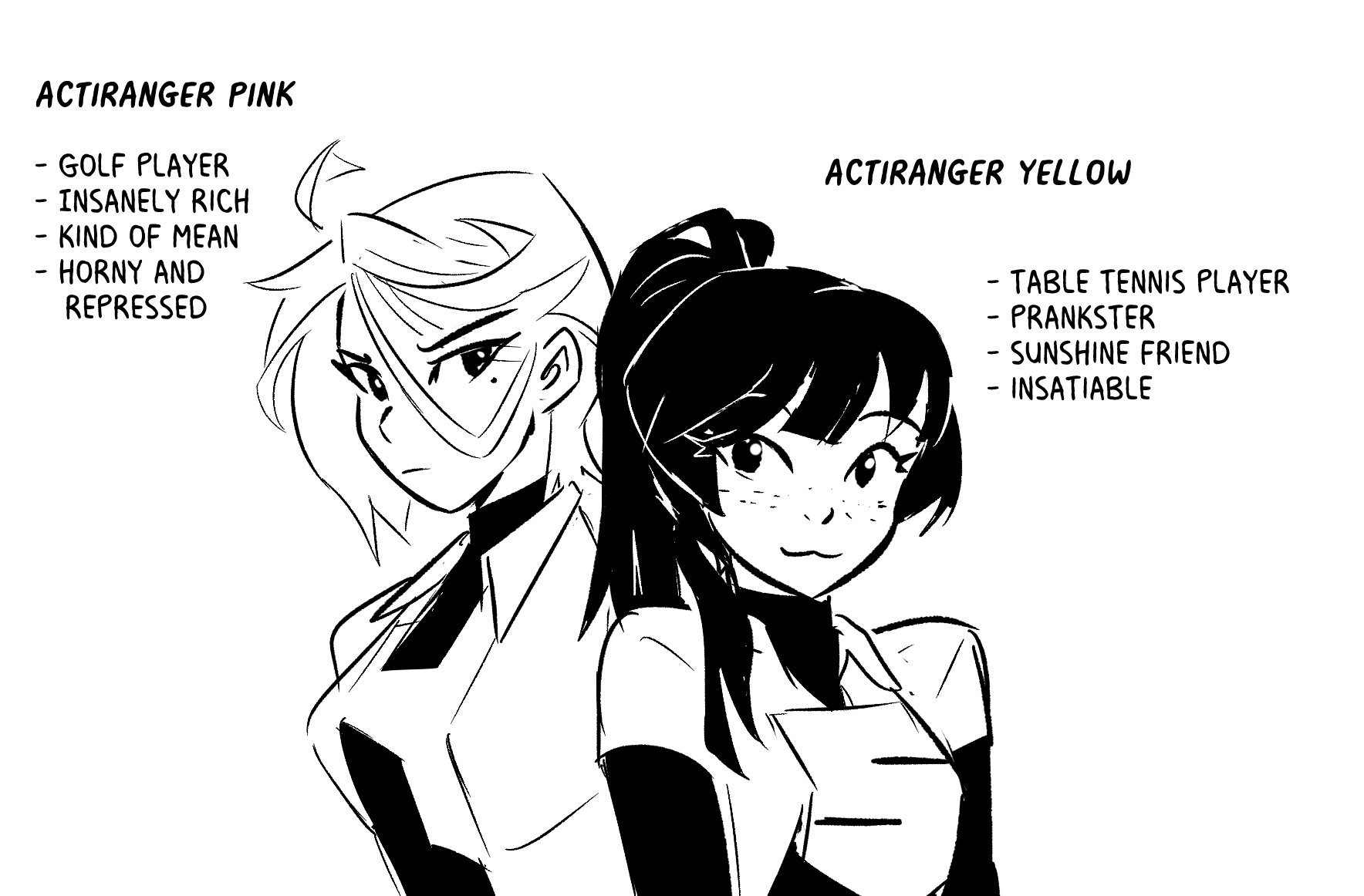 :3, 2girls, actiranger pink (spicymancer), actiranger yellow (spicymancer), actirangers, breasts, clothing, dark hair, duo, female, hair, human, light hair, pale skin, spicymancer, text, trans woman, transfem, yuri
