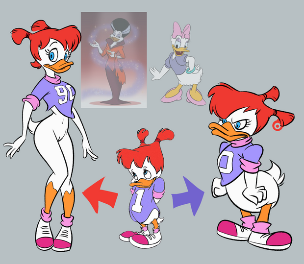 anthro anthro_only comparison darkwing_duck duck gosalyn_mallard grown_up no_panties no_pants no_underwear purple_shirt red_hair vaginal_penetration