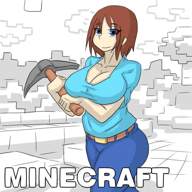 ass big_breasts breasts cleavage clothed dr.bug looking_at_viewer minecraft pickaxe smiling smiling_at_viewer stella_(femsteve) thick_thighs thighs