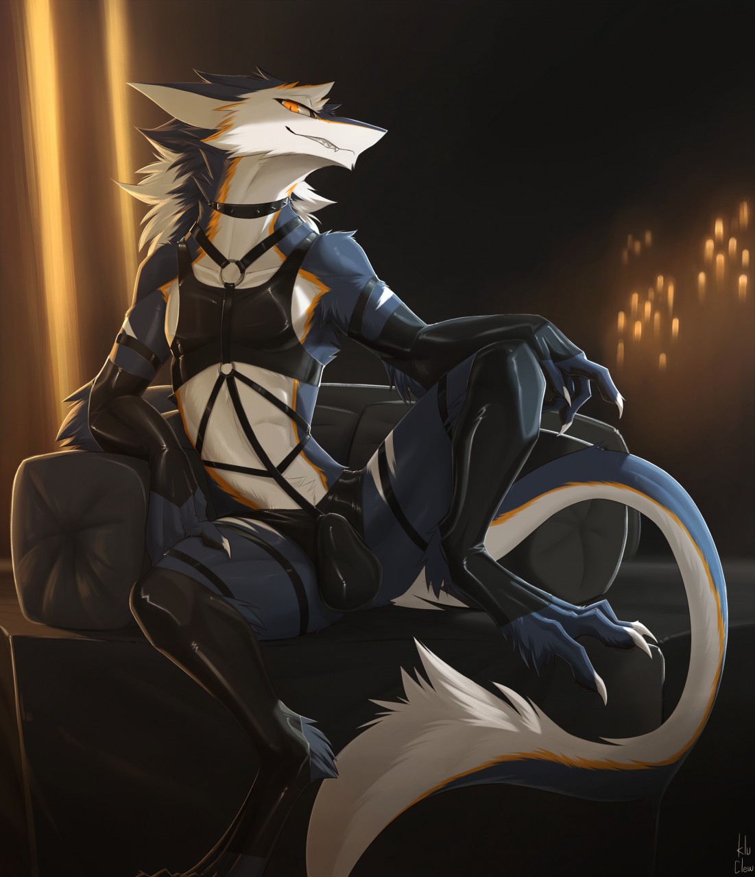 anthro anthro_only clothing hi_res kluclew latex_clothing male sergal talen