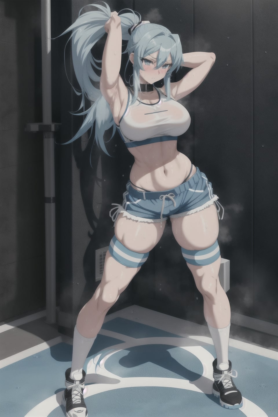 1girls, ai generated, akame ga kill!, armpits, blue hair, esdeath (akame ga kill!), female, female only, solo, sweat, tagme, thick thighs