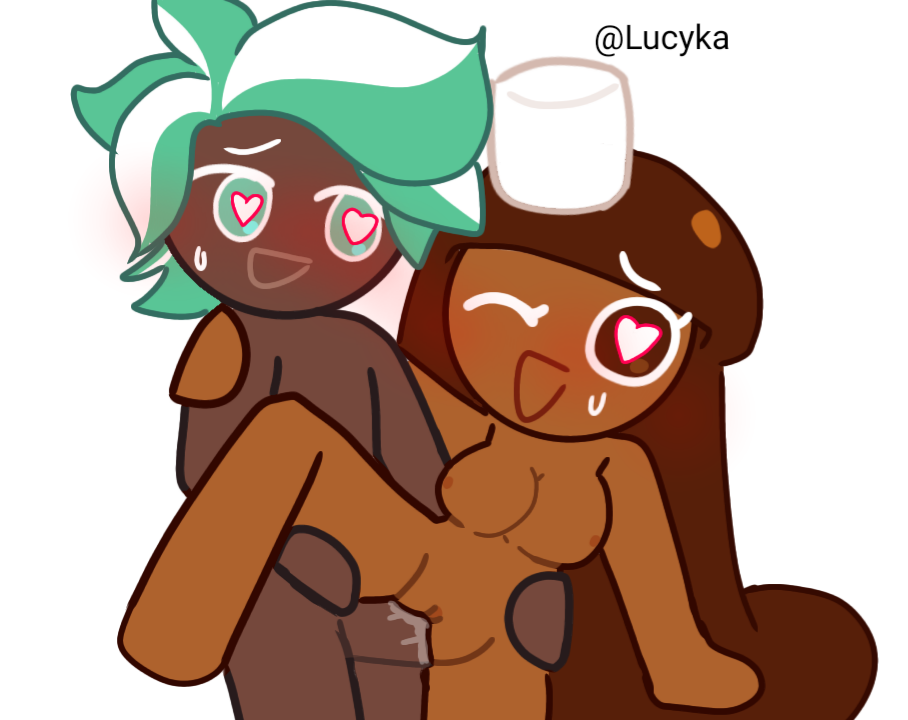 1boy1girl brown_hair canon_couple cocoa_cookie cookie cookie_run cookie_run_kingdom dark-skinned_female dark-skinned_male happy_sex mint_choco_cookie old_art romantic_couple sex wholesome_end