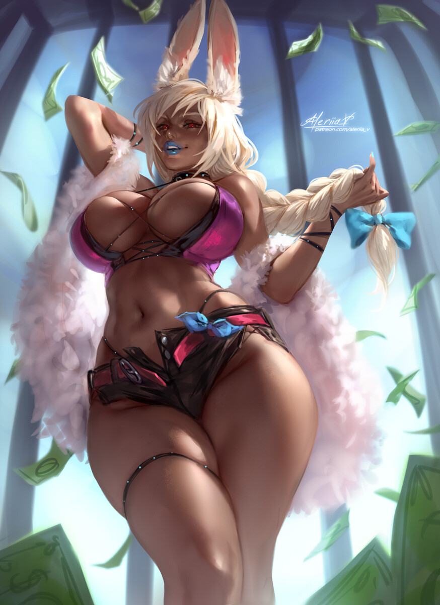 1girls aleriia_v blonde_hair blue_lipstick braid breasts bunny_ears bunny_girl cassandra_(mrsithums) cleavage clothing dark-skinned_female dark_skin female female_only final_fantasy final_fantasy_xiv hair_ribbon hips horny large_breasts lerapi long_hair looking_at_viewer money original original_character red_eyes sfw shorts smiling smiling_at_viewer solo square_enix thick_thighs thighs thunder_thighs tummy viera viewed_from_below wide_hips