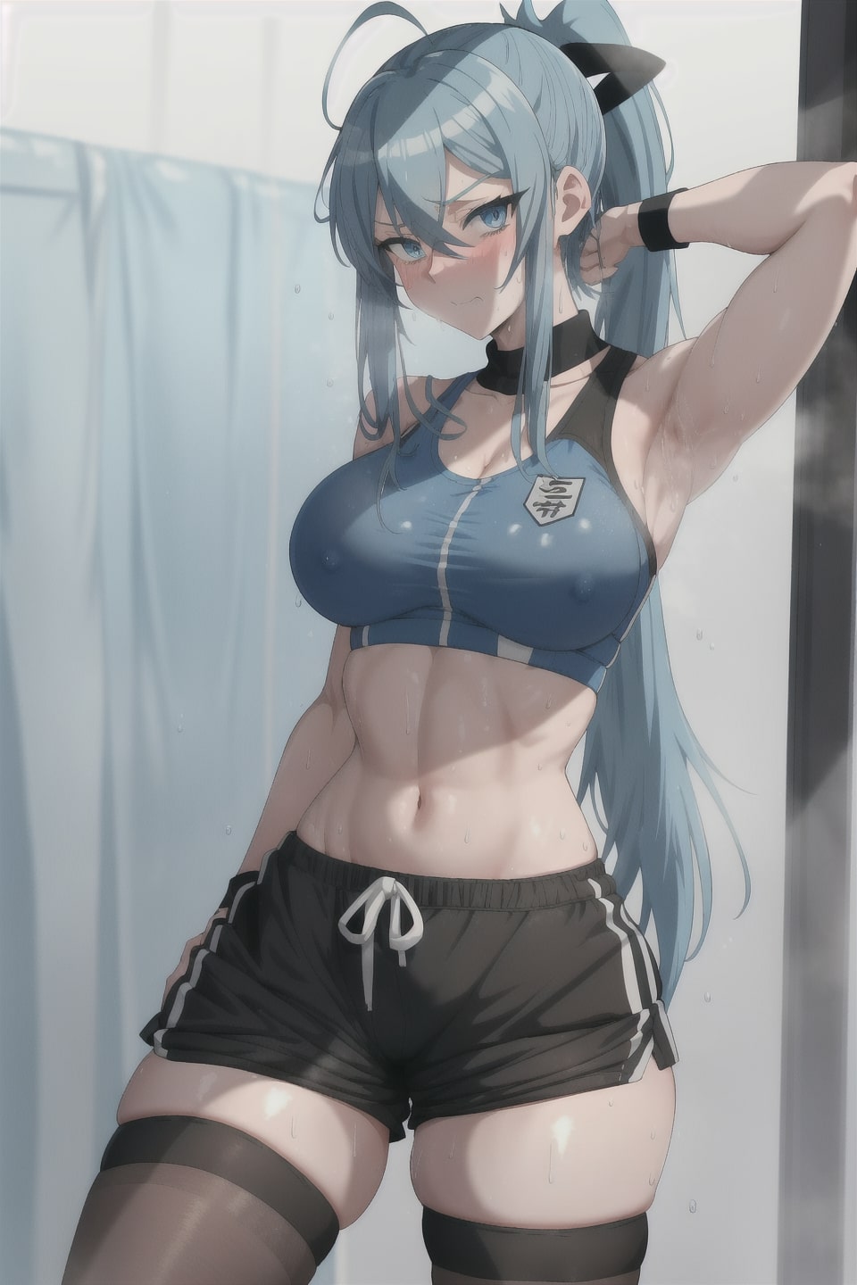 1girls, ai generated, akame ga kill!, armpit, blue eyes, blue hair, esdeath (akame ga kill!), female, female only, gym uniform, solo, sports bra, sweat, tagme