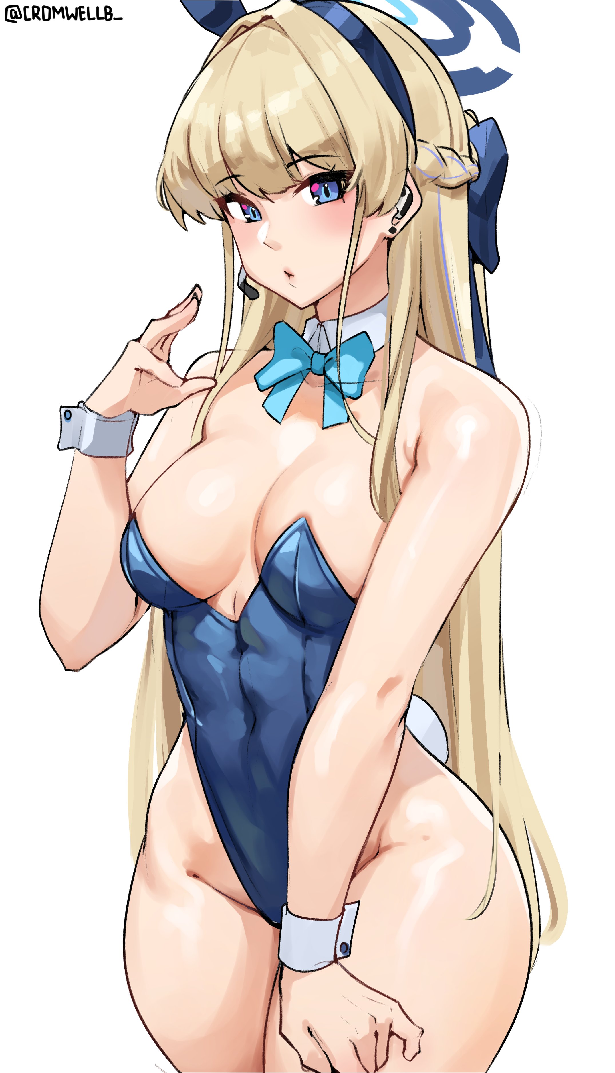 absurdres, animal ears, bare shoulders, blonde hair, blue archive, blue eyes, blue leotard, blue ribbon, blush, braid, breasts, cowboy shot, cromwellb, detached collar, earpiece, fake animal ears, female, groin, hair intakes, hair ribbon, halo, hand up, headset, highleg, highleg leotard, highres, leotard, linea alba, long hair, medium breasts, multicolored hair, neck ribbon, official alternate costume, playboy bunny, rabbit ears, rabbit tail, ribbon, simple background, solo, strapless, strapless leotard, streaked hair, tail, thick thighs, thighs, toki (blue archive), toki (bunny) (blue archive), twitter username, very long hair, wide hips, wrist cuffs