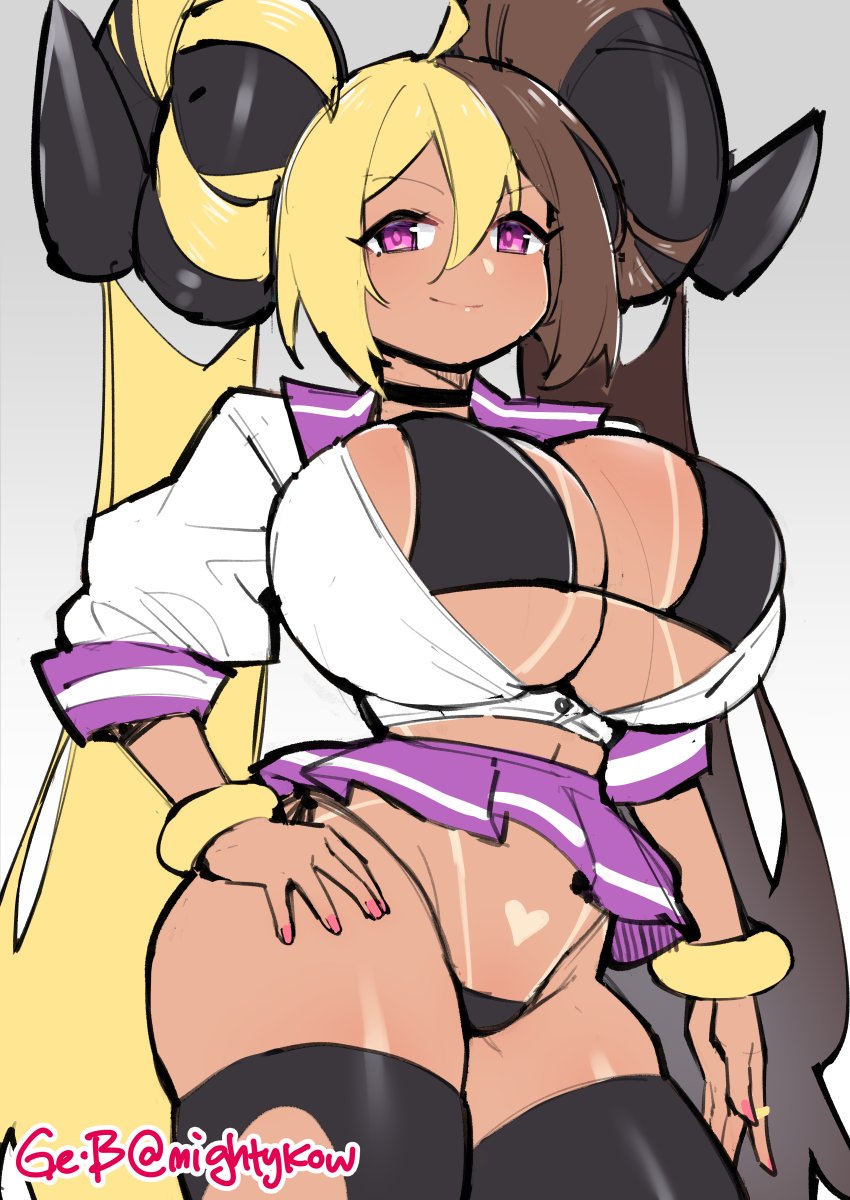 1girls ahoge aife_(zanamaoria) big_breasts big_horns bikini black_thighhighs blonde_hair bracelets brown_hair choker curved_horns dark-skinned_female dark_skin demon_girl female female_only ganguro gebyy-terar gyaru hair_on_horn hand_on_hip heart_tan horns long_hair looking_at_viewer open_clothes pink_eyes sleeves_rolled_up smiling smiling_at_viewer solo succubus succubus_horns tan_skin tanline thick_thighs thigh_squish thighhighs two_tone_hair very_long_hair white_background