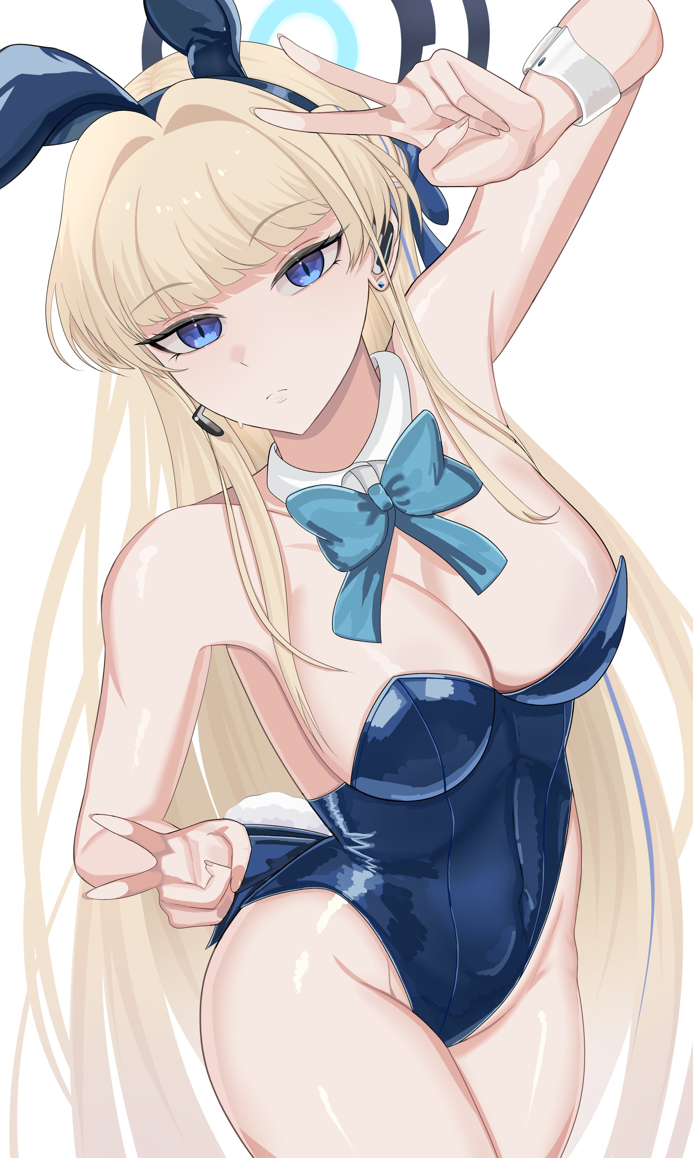 1girls, 2023, absurd res, blonde hair, blue archive, blue eyes, bunny ears, bunny ears (cosmetic), bunnysuit, detached collar, double v, female, female only, ida draws, long hair, looking at viewer, neck ribbon, slit pupils, solo, toki (blue archive), toki (bunny) (blue archive), v sign, white background, wrist cuffs