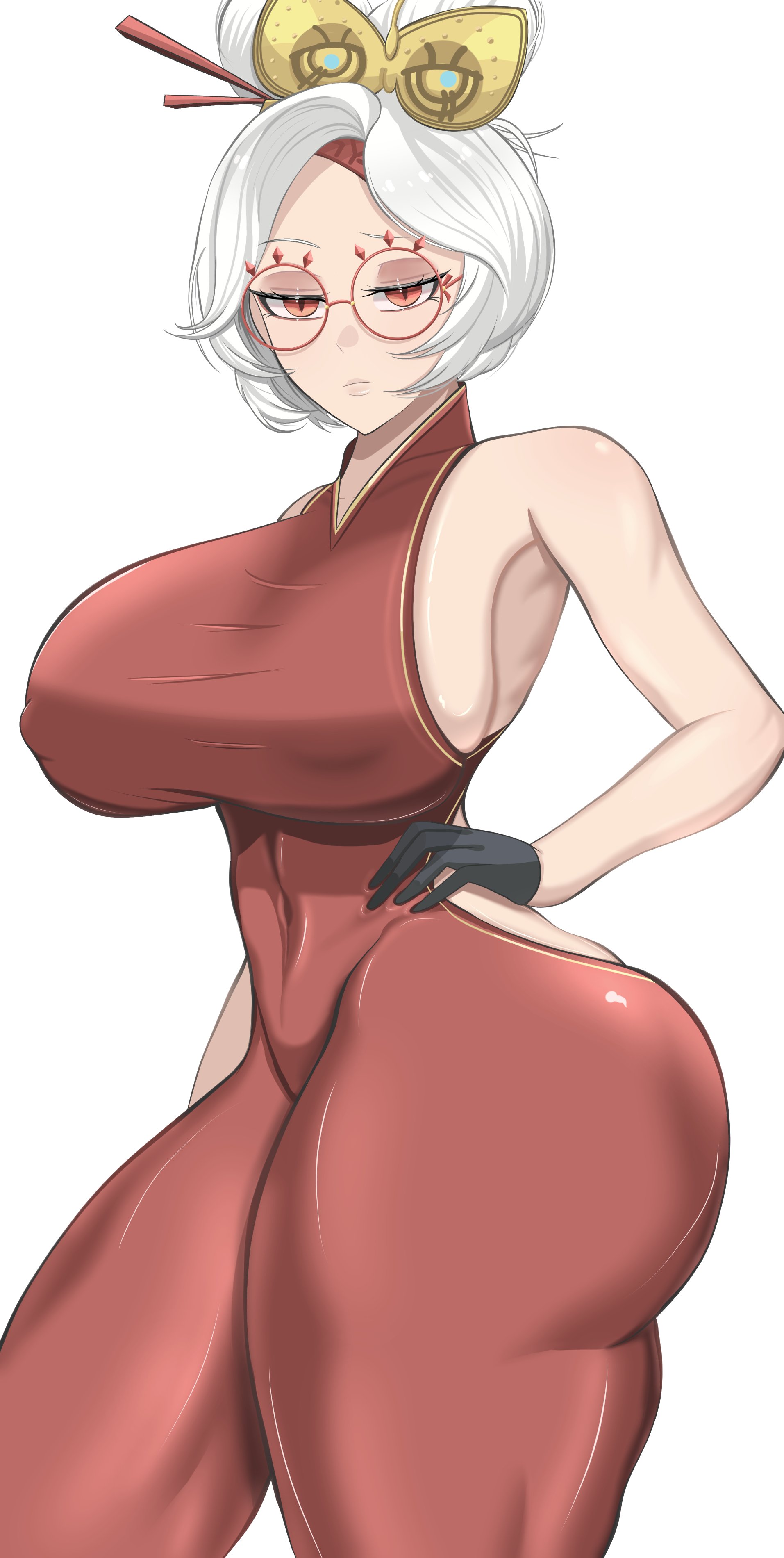 1girls, 2020s, 2023, absurd res, ass, big breasts, bodysuit, breasts, female, female only, glasses, gloves, hair ornament, hand on hip, ida draws, looking at viewer, narrowed eyes, nintendo, nipple bulge, purah, purah (tears of the kingdom), red eyes, sideboob, solo, tears of the kingdom, the legend of zelda, thick ass, thick thighs, tied hair, white background, white hair