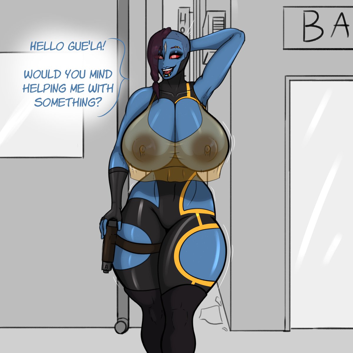 1girls, blue body, blue skin, bodysuit, breasts, cleavage, dialogue, english text, female, female only, fingerless gloves, jigglephysics, large breasts, piercing, purple hair, red eyes, solo, solo female, tau, text, thick thighs, thighhighs, warhammer (franchise), warhammer 40k, wide hips