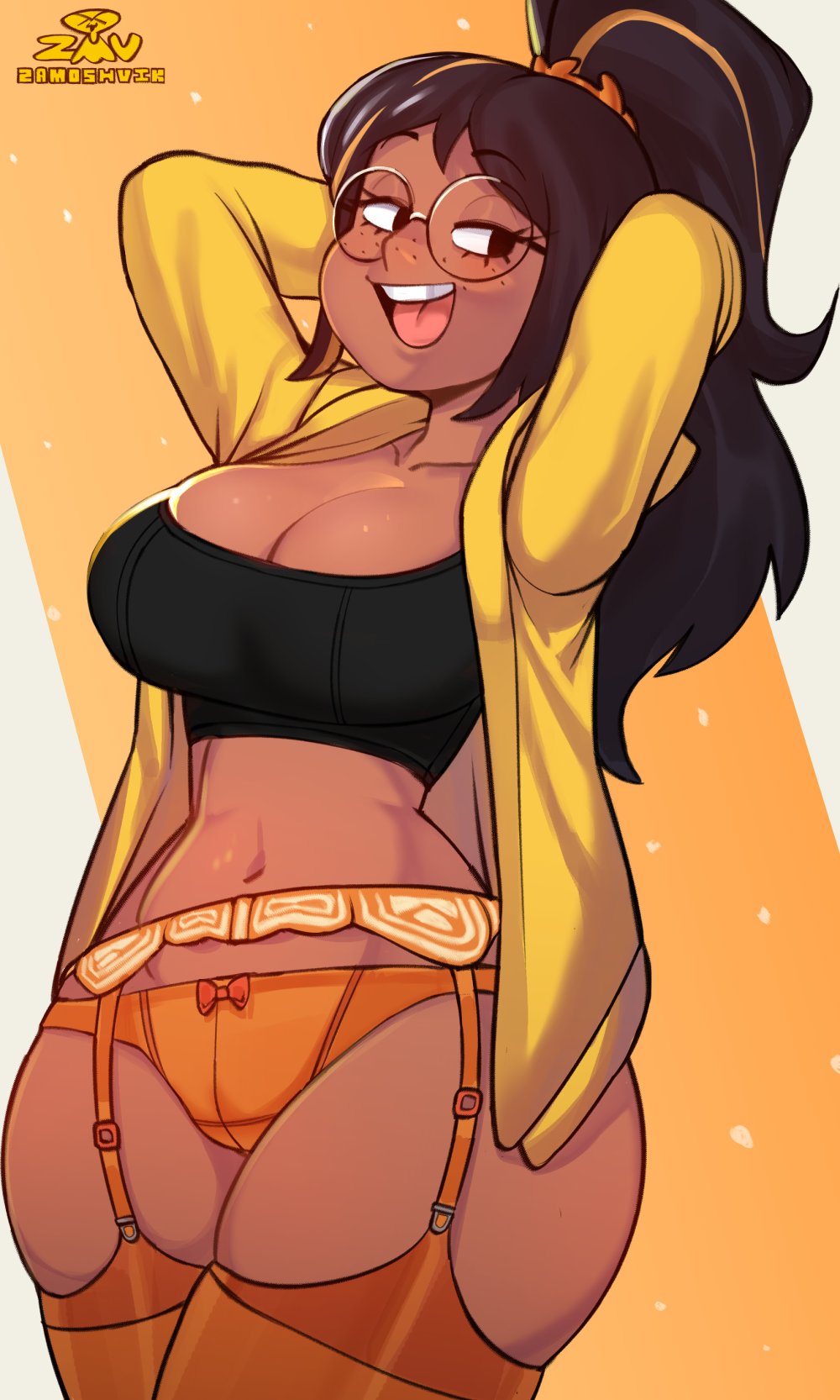 1girls, 2022, artist name, big breasts, bow panties, breasts, brown hair, cleavage, crop top, female, female only, freckles, freckles on face, garter belt, garter straps, glasses, half-closed eyes, human, human only, jacket, legwear, long hair, looking to the side, marie (arkeus), navel, open clothes, open mouth, orange legwear, orange panties, original character, panties, ponytail, smile, solo, thighhighs, thighs, zamoshvik