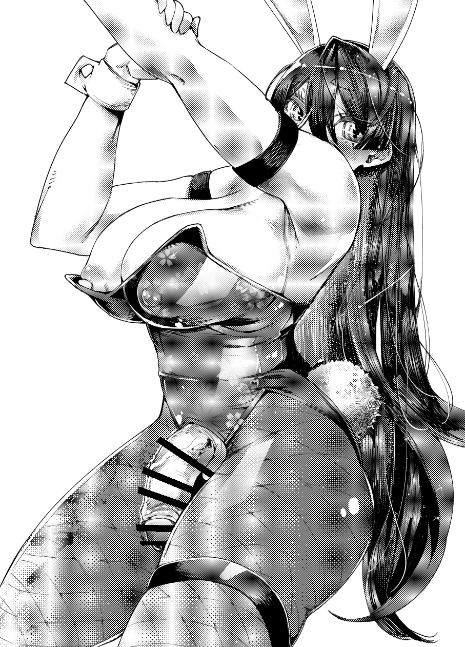 1futa, big breasts, big penis, black hair, breasts, bunny ears, bunnysuit, clothed, clothing, flaccid, futa only, futanari, greyscale, halftone, human, intersex, large breasts, light skin, light-skinned futa, long hair, monochrome, mostly clothed, paintingbird, penis, sitting, solo, takanashi shirou, veiny penis