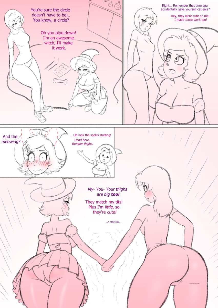 2girls, bendzz, breasts, cat ears, cat girl, cat humanoid, cat tail, catgirl, comic, ear growth, erect nipples, feline, furry, large breasts, nipples visible through clothing, original, original character, personality change, petplay, sexuality change, species transformation, tagme, tail, tail growth, transformation, voodoo, voodoo doll, witch, witch hat, yuri