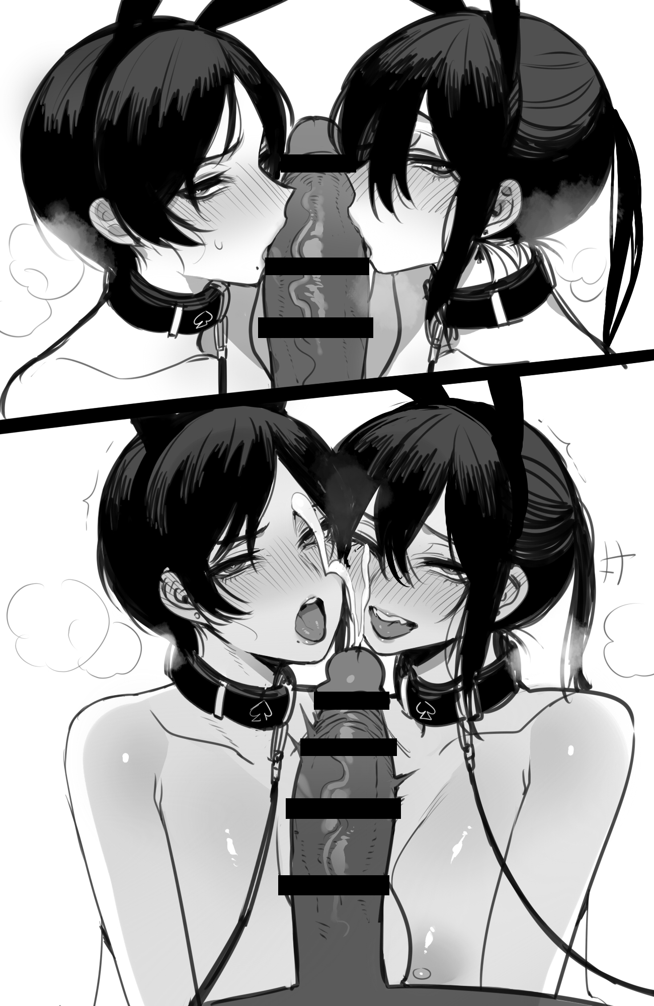 1boy, 2023, 2girls, big breasts, big penis, black hair, black penis, blush, blush lines, blushing, breasts, bunny ears, bunny girl, censor bar, collaborative fellatio, collar, cum on face, cumshot, dark skin, dark-skinned male, eye contact, fellatio, female, hi res, high resolution, highres, interracial, large breasts, large penis, leash, leash and collar, male, mole under mouth, monochrome, penis, queen of spades, ratatatat74, short hair, spade, veiny penis
