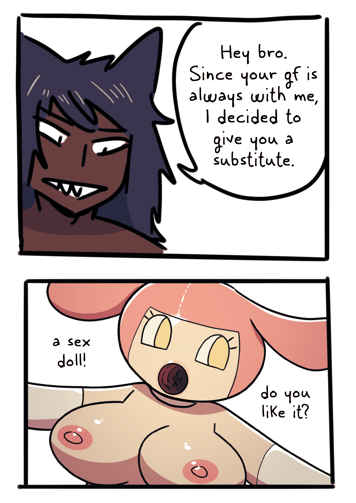 1boy, areolae, black hair, breasts, canine, canine humanoid, comic, dark skin, dark-skinned male, dialogue, english text, hasselnut, hi res, kiba (wolfgang bang), male, male only, nipples, sex doll, sharp teeth, slit pupils, speech bubble, wolf boy, wolf ears, wolfgang bang