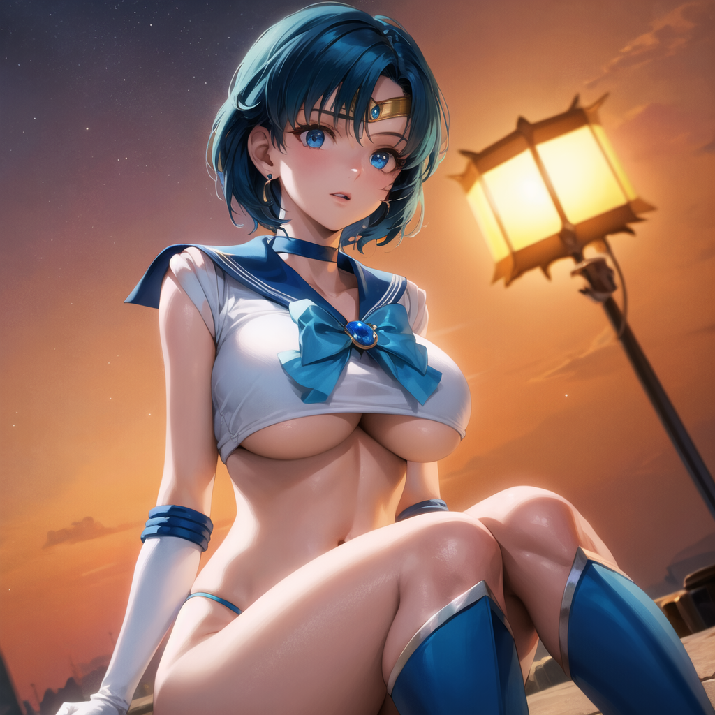 ai generated, ami mizuno, bishoujo senshi sailor moon, breasts, clothing, curvaceous, curvy body, curvy female, curvy figure, female, female only, huge breasts, large breasts, sailor mercury, solo female, stable diffusion, underboob, voluptuous, voluptuous female