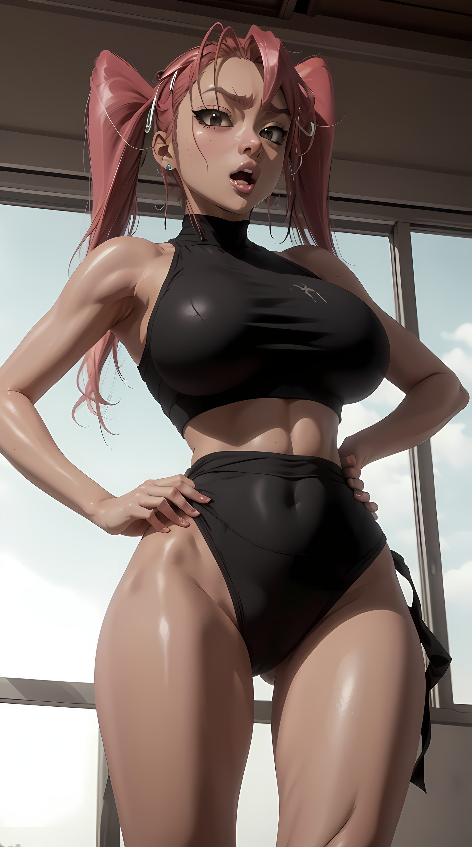 1girls, ai generated, armpit crease, armpits, artist request, breasts, female, female focus, female only, highschool of the dead, huge breasts, long hair, saya takagi, solo female, solo focus, stable diffusion, twintails