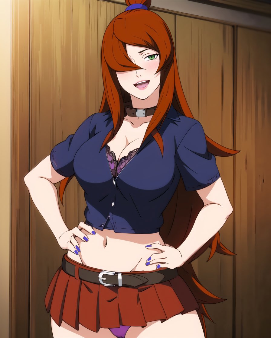 1girls, big breasts, bra, breasts, brown hair, busty, female, female only, fully clothed, green eyes, hair over one eye, hands on hips, large breasts, legs, looking at viewer, mei terumi, midriff, naruto, naruto (series), naruto shippuden, navel, open mouth, panties, pose, posing, skirt, smile, solo, thighs, very long hair