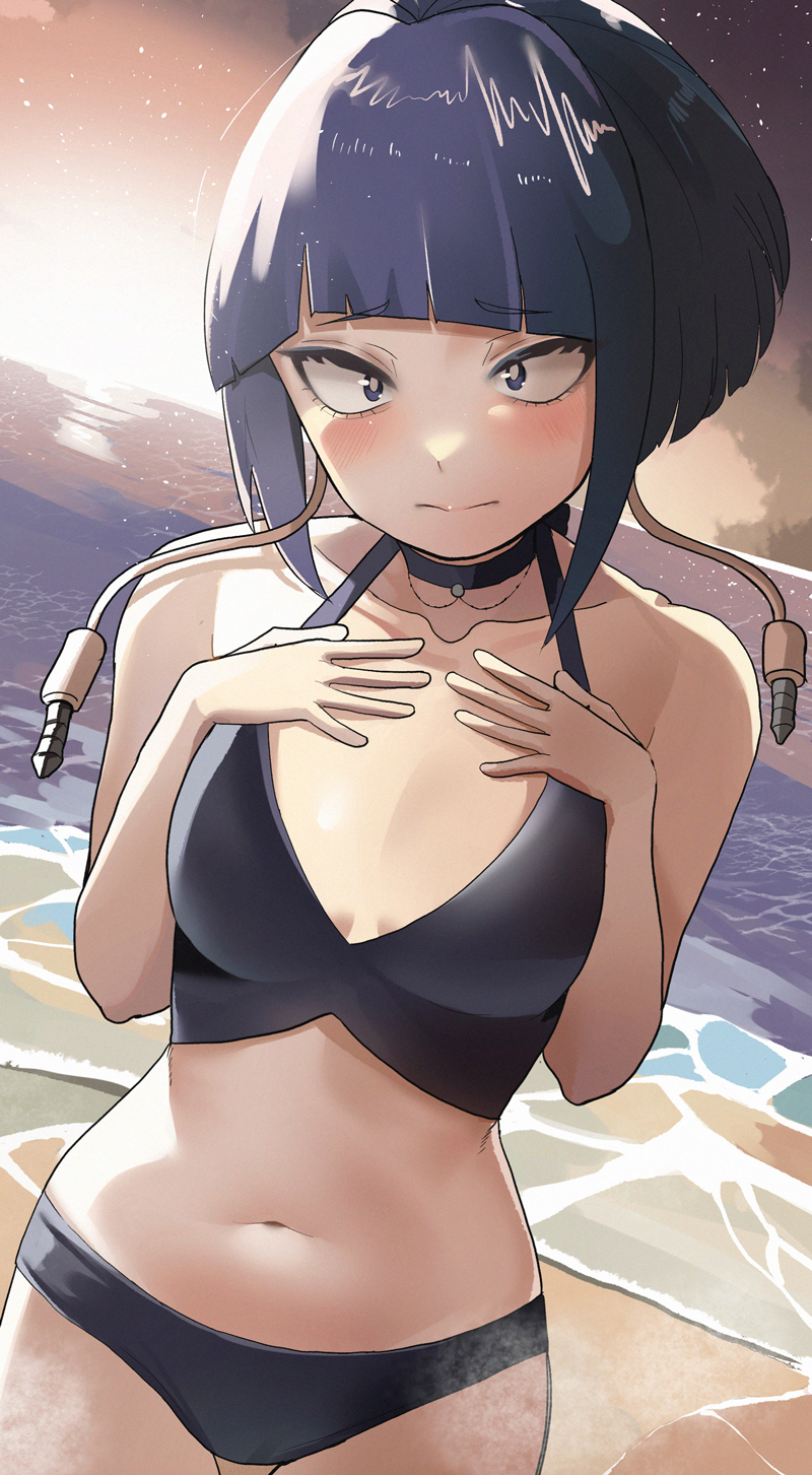 1girls, beach, blush, breasts, cute, female, female only, hands on breasts, kyoka jiro, my hero academia, necklace, purple eyes, purple hair, purple-haired female, short hair, small breasts, smaller female, swimsuit, tomboy, water, zd (pixiv6210083)