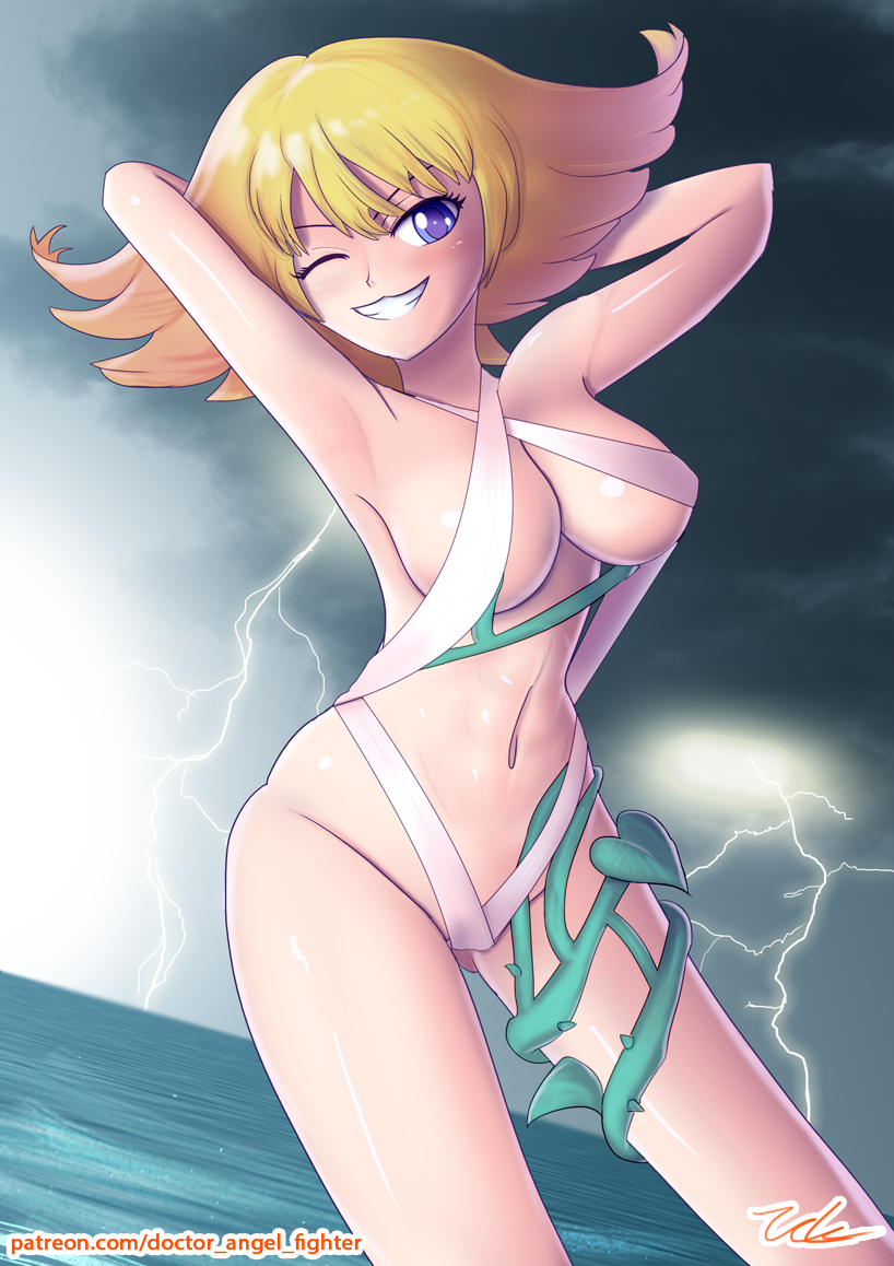 1girls alluring athletic_female bare_legs bell_haircut bikini breasts cleavage coy doctor_angel_fighter female_abs fit_female happy_female kid_icarus kid_icarus_uprising nintendo phosphora posing thin_female upwing_bell wink winking_at_viewer zelc-face