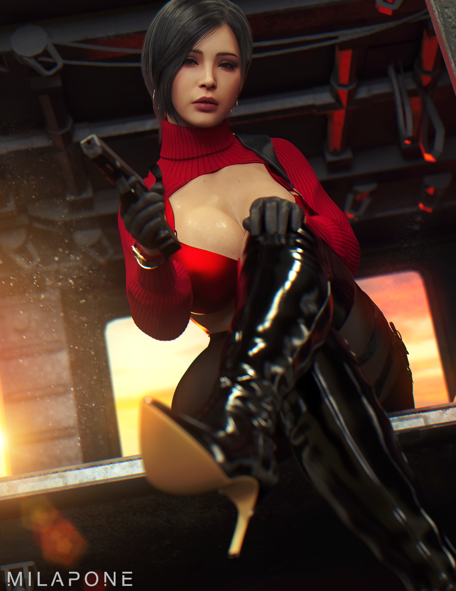 1girls, 3d, ada wong, ada wong (adriana), asian, asian female, ass, big ass, big breasts, biohazard, black gloves, black hair, breasts, breasts out, busty, capcom, exposed breasts, female, female focus, female only, gloves, half gloves, hourglass figure, leather gloves, makeup, milapone, nipples, pinup, pinup pose, pose, posing, resident evil, resident evil 4, resident evil 4 remake, short hair, solo, sweater, tagme, thick thighs, turtleneck sweater, wide hips