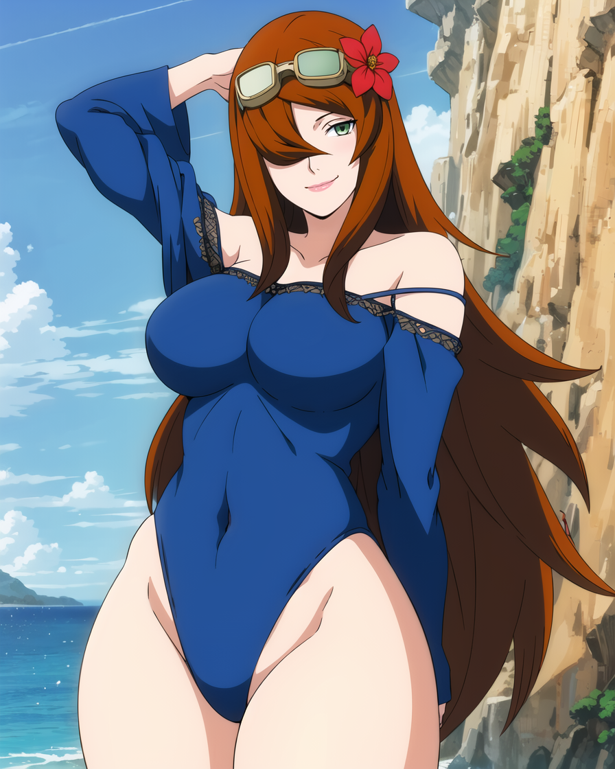 1girls, adapted costume, ai generated, big breasts, breasts, brown hair, busty, cleavage, cookiefudge, female, flower, flower in hair, goggles, goggles on head, green eyes, hair ornament, huge breasts, lipstick, looking at viewer, makeup, mature, mature female, mei terumi, naruto, naruto (series), naruto shippuden, solo, solo focus, swimsuit, terumi mei, thick thighs, very long hair, voluptuous
