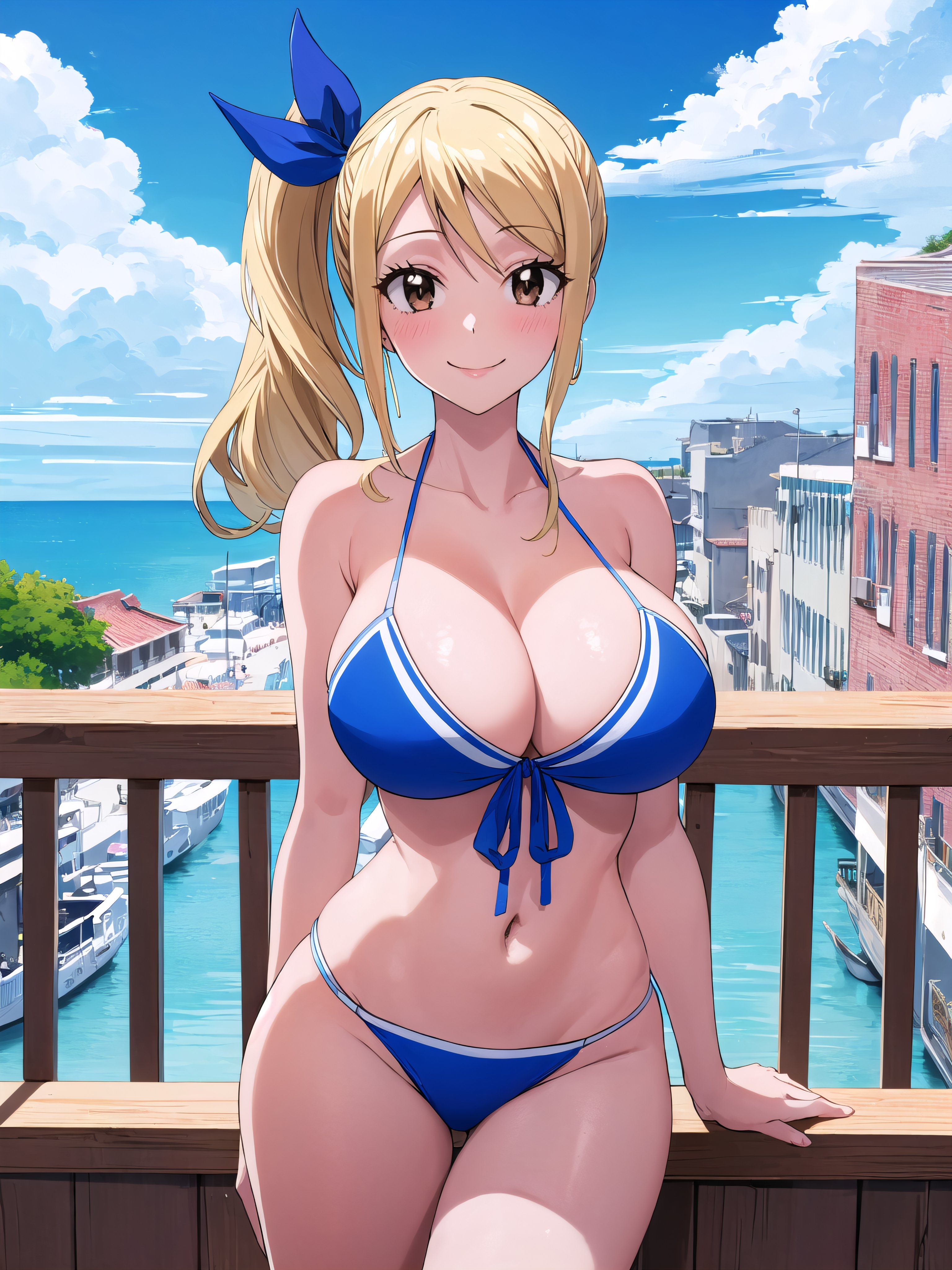 1girls, ai generated, big breasts, bikini, blonde hair, blue bikini, breasts, brown eyes, busty, child bearing hips, cleavage, fairy tail, female, female only, hi res, large breasts, legs, looking at viewer, lucy heartfilia, navel, side ponytail, smile, solo, thighs, voluptuous