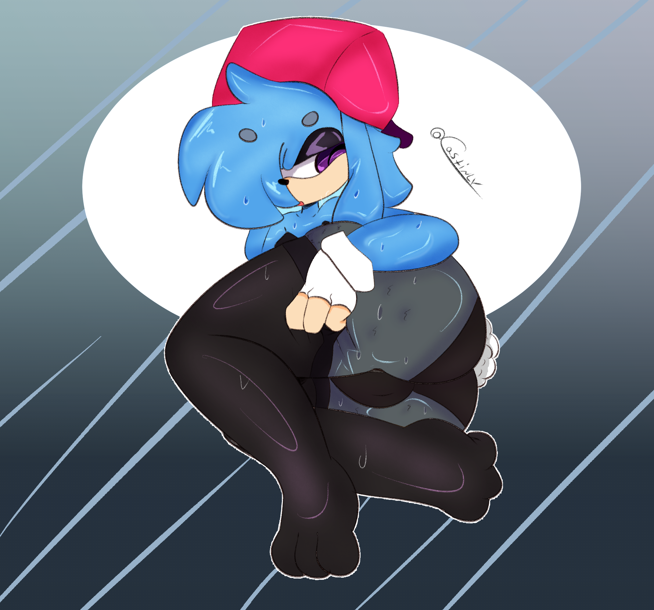 ass, balls, big ass, big balls, boyfriend (friday night funkin), bulge, bulge through clothing, bunny ears, bunnysuit, castinly, encore boyfriend (friday night funkin), feet, femboy, friday night funkin, friday night funkin mod, furry, furry tail, girly, hat, male, purple eyes, sweat, sweatdrop, sweating, thick ass, thick thighs, underwear