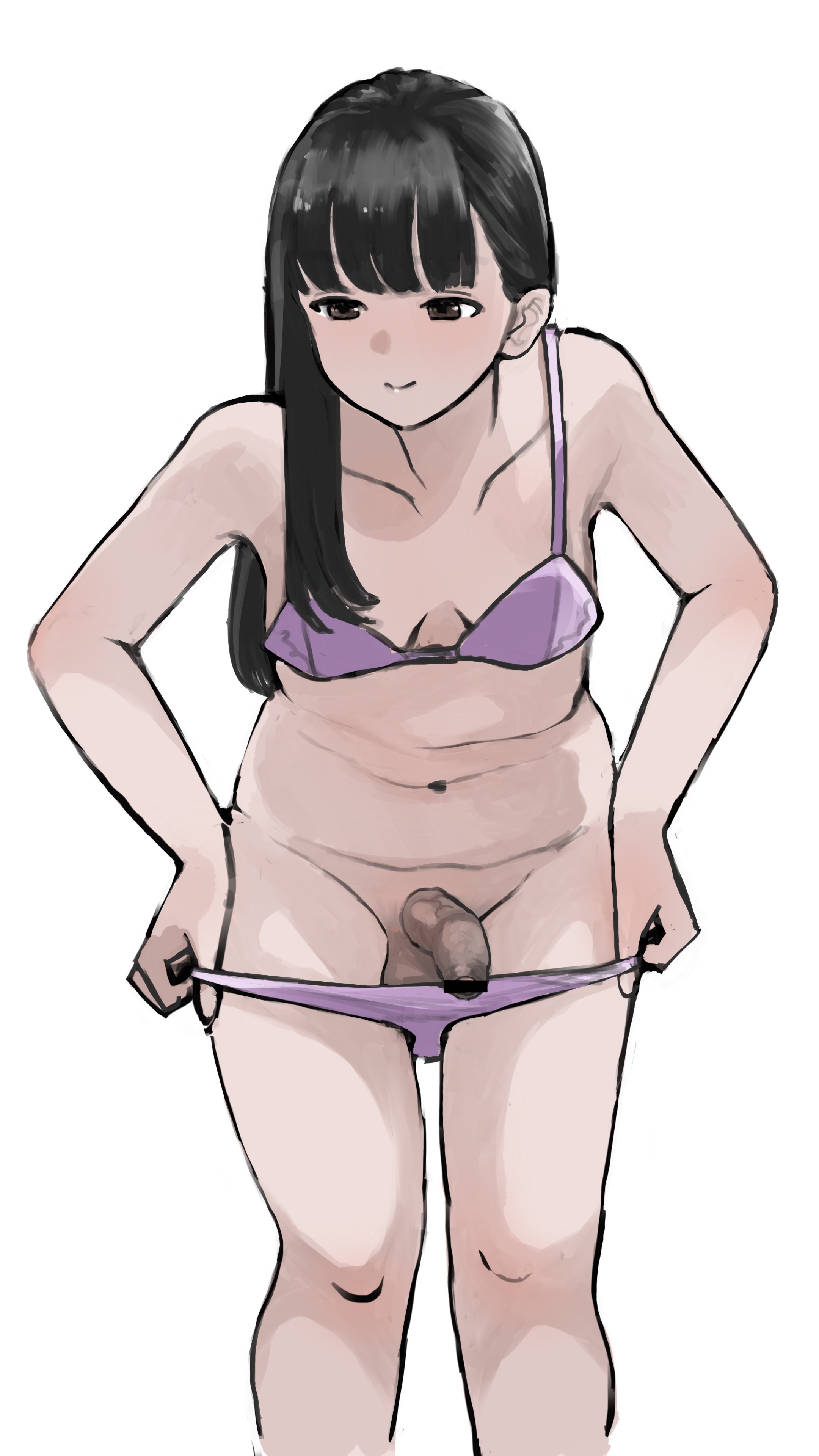 1futa, balls, bangs, bar censor, black hair, breasts, censored, clothed, clothing, dark penis, darkened genitalia, flaccid, foreskin, futa only, futanari, human, intersex, light skin, light-skinned futa, long hair, mostly nude, penis, smzqsk, solo, standing, uncircumcised, uncut, unretracted foreskin