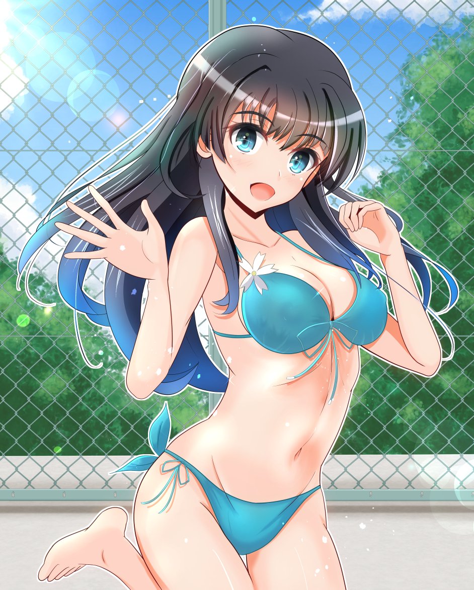 1girls aqua_eyes big_breasts bikini black_hair blue_bikini breasts busty cleavage feet female female_only kumaisao large_breasts legs light-skinned_female light_skin long_hair looking_at_viewer navel open_mouth outdoors saten_ruiko smile solo swimsuit teenage_girl teenager thighs to_aru_kagaku_no_railgun to_aru_majutsu_no_index wet young