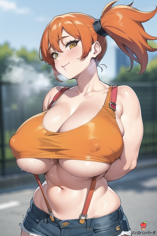1girls, 2023, abs, ai generated, anime nose, asymmetrical hair, blush, breasts, breasts bigger than head, cleavage, clothed female, clothing, cowboy shot, crop top, curvaceous, denim, denim shorts, female, female only, game freak, gen 1 pokemon, green eyes, hips, huge breasts, kasumi (pokemon), large breasts, legs, midriff, muscles, navel, nintendo, nipples, orange hair, pokemon, pokemon (anime), pokemon (classic anime), pokemon rgby, ponytail, shirt, short hair, short shorts, shorts, side ponytail, simple background, sleeveless, sleeveless shirt, solo, spiky hair, sweat, sweatdrop, tank top, thighs, tied hair, voluptuous, wide hips, yellow shirt