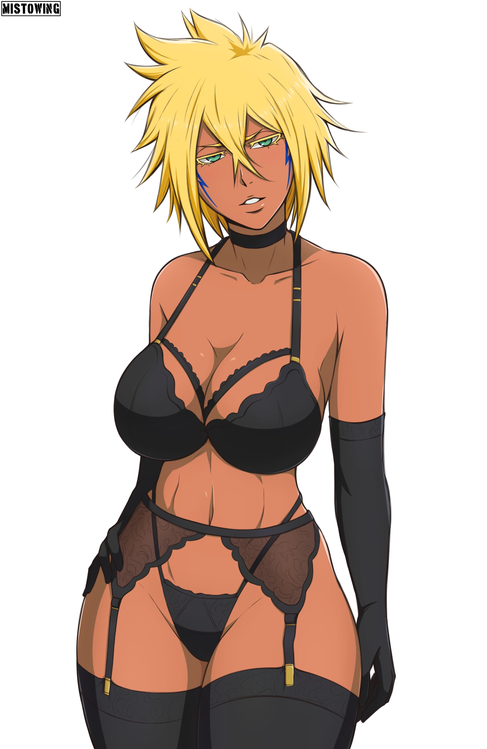 1girls, absurdres, athletic, athletic female, black bra, black choker, black gloves, black panties, black thighhighs, bleach, blonde hair, blush, bra, breasts, choker, cleavage, collarbone, elbow gloves, facial mark, female, garter belt, garter straps, gloves, green eyes, highres, large breasts, lingerie, looking at viewer, mistowing, navel, panties, short hair, simple background, smile, solo, string panties, thick thighs, thighhighs, thong, tia harribel, tomboy, toned, toned female, underwear, white background