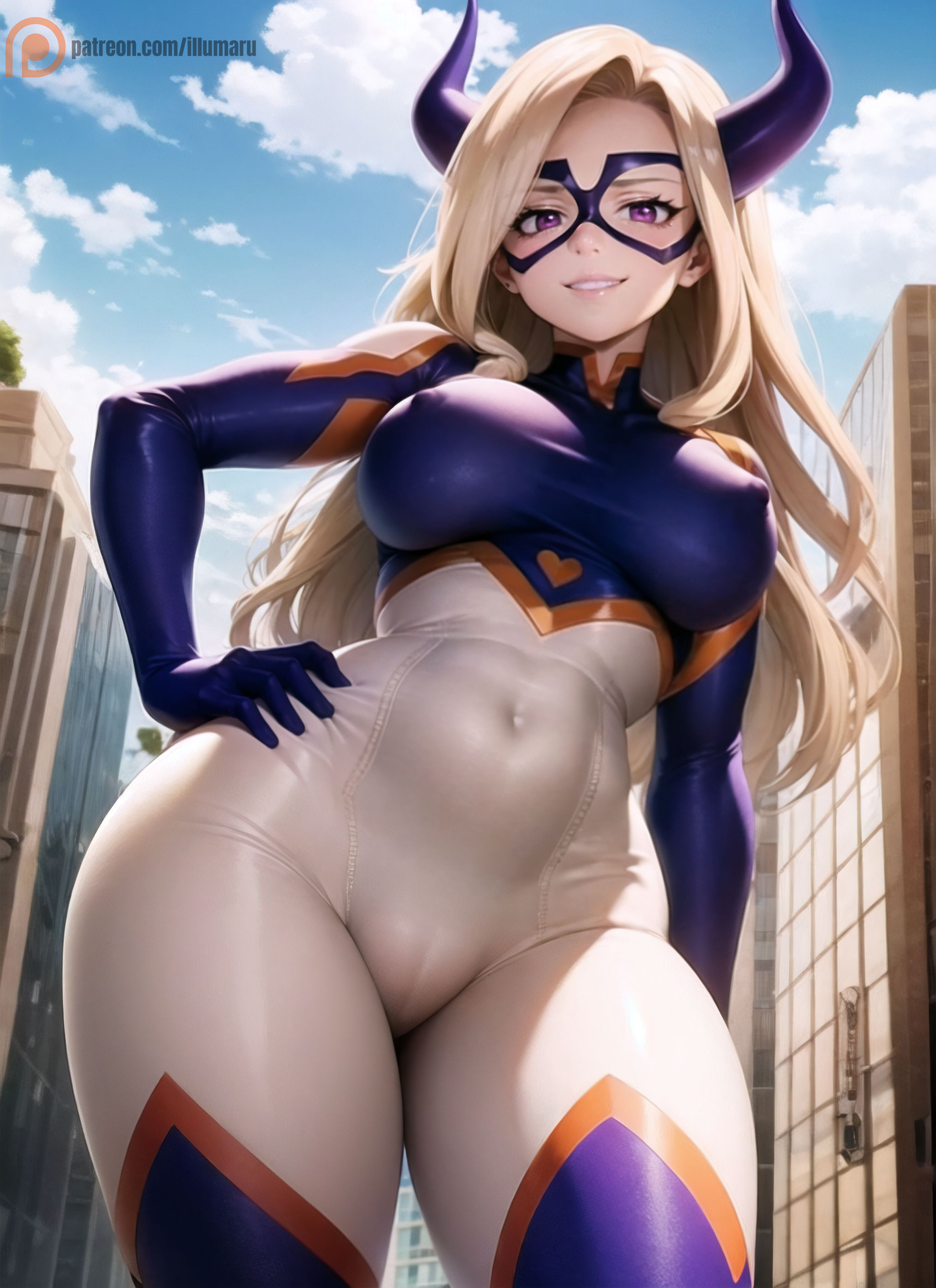 1girls, 2023, ai generated, ass, big ass, big breasts, big butt, blonde female, blonde hair, bodysuit, breasts, building, city, curvaceous, curvy figure, detailed, female, female only, from below, giant, giant female, giantess, hand on thigh, hi res, high resolution, highres, horns, huge breasts, illumaru, large ass, large breasts, long hair, looking at viewer, looking down, mask, milf, mount lady, my hero academia, naughty face, nipples visible through clothing, pink eyes, pussy, pussy visible through clothes, seductive, seductive look, seductive smile, shounen jump, skin tight, solo, stable diffusion, superheroine, takeyama yuu, thick thighs, viewed from below, voluptuous, yuu takeyama