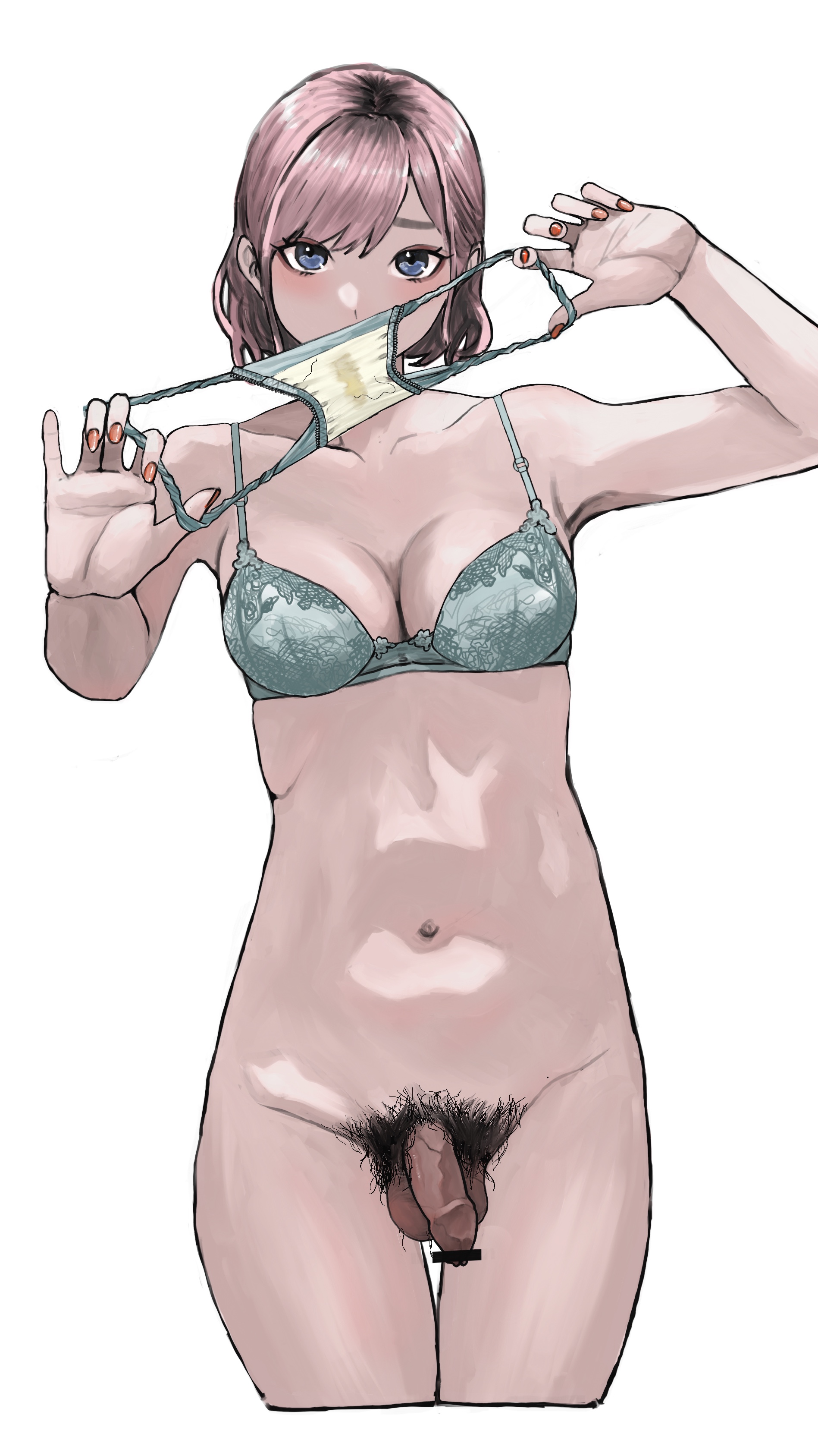 1futa, balls, bangs, bottomless, bra, breasts, censored, clothed, clothing, dark penis, darkened genitalia, flaccid, foreskin, futa only, futanari, human, intersex, light skin, light-skinned futa, mostly nude, panties, penis, precum, pubic hair, smzqsk, solo, stained panties, standing, stray pubic hair, uncircumcised, uncut, unretracted foreskin