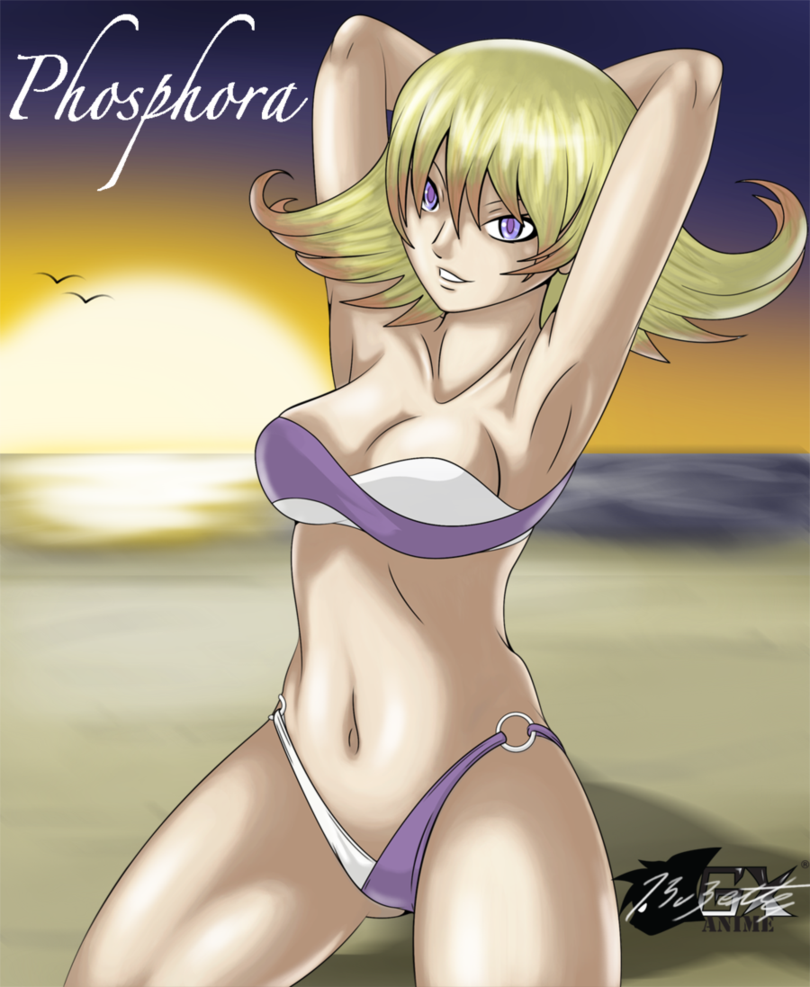 1girls alluring bikini blonde_hair breasts english_text female_focus kid_icarus kid_icarus_uprising nintendo phosphora purple_eyes smile sunset swimsuit