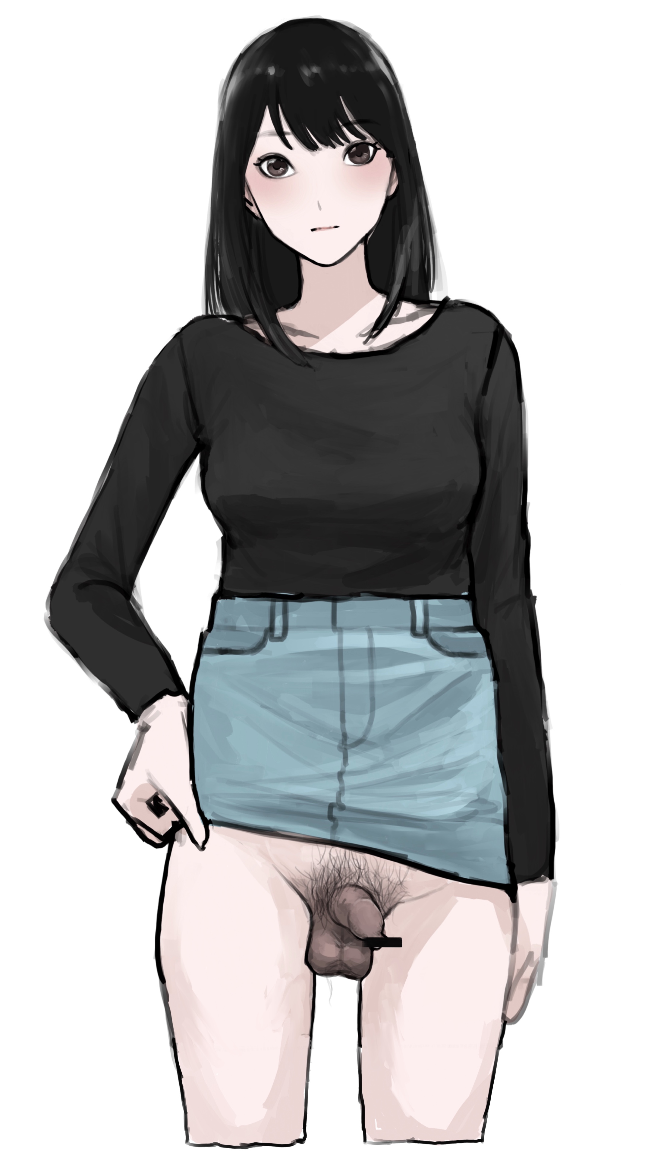 1futa, balls, bangs, bar censor, big breasts, black hair, bottomless, breasts, censored, clothed, clothing, dark penis, darkened genitalia, flaccid, foreskin, futa only, futanari, human, intersex, jean skirt, light skin, light-skinned futa, long hair, mostly clothed, penis, pubic hair, skirt, skirt lift, small penis, smzqsk, solo, standing, uncircumcised, uncut, white background
