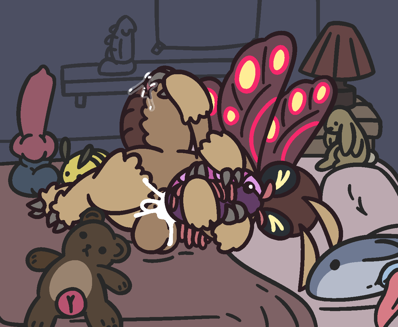 4_arms aliasing animal_dildo animal_genitalia animal_sex_toy antennae_(anatomy) anthro arthropod arthropod_abdomen arthropod_abdomen_genitalia arthropod_abdomen_pussy balls bear_plushie bed bee_plushie big_balls bodily_fluids brown_body brown_fur canine_dildo cetacean_dildo closed_eyes cum cum_in_plushie cum_inside cuntboy digitigrade dildo finger_fuck fingering fingering_self full-package_cuntboy fur furniture gandergeist genital_fluids genitals herm hermaphrodite huge_balls insects intersex isopoda_plushie lamp lepidopteran male maleherm masturbation moth multi_arm multi_genitalia multi_limb nightstand object_penetration penetrable_sex_toy penis pillow plushie plushie_penetrated plushophilia pussy pussy_juice rabbit_plushie reverse_fleshlight_position sex_toy shark_plushie sheath shelf solo tan_body tan_fur vaginal_penetration wings