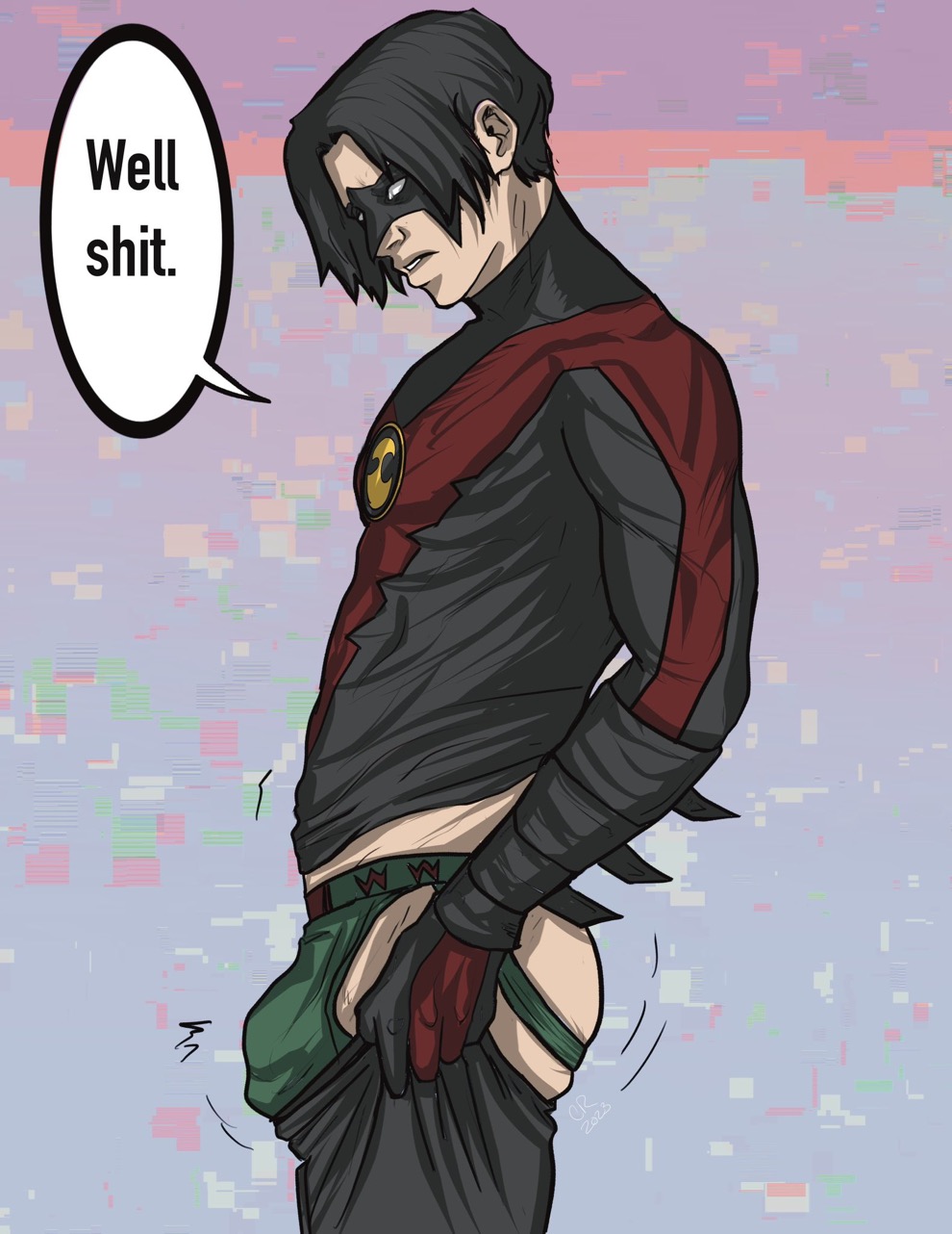 big_penis buldge changing_clothes clothes_too_small coffeexrage dc dc_comics gay male male_only meme no_visible_genitalia pulling_pants_up red_robin slim solo_male tight_pants_(meme) tim_drake too_big too_small_clothes yaoi