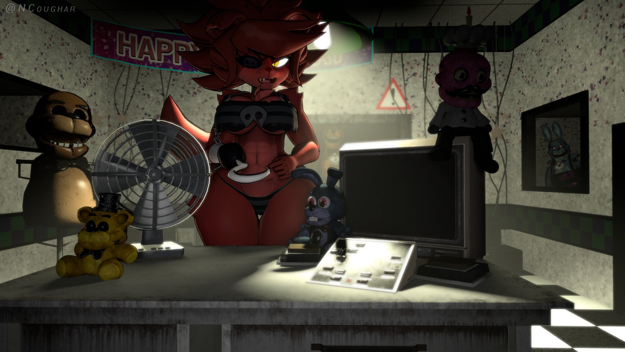 1girls, 3d, 3d (artwork), anthro, artist name, background character, big breasts, bikini, blush, bonnie (fnaf), breasts, cally3d, chest tuft, clazzey, cryptiacurves, curvy, fazclaire's nightclub, female, female focus, fexa, fexa (cryptia), five nights at freddy's, fnaf, foxy (cally3d), foxy (fnaf), freddy (fnaf), fredina's nightclub, furry, hi res, hourglass figure, looking away, ncoughar, open mouth, red fur, scottgames, swimwear, thick thighs, underboob, voluptuous, wide hips