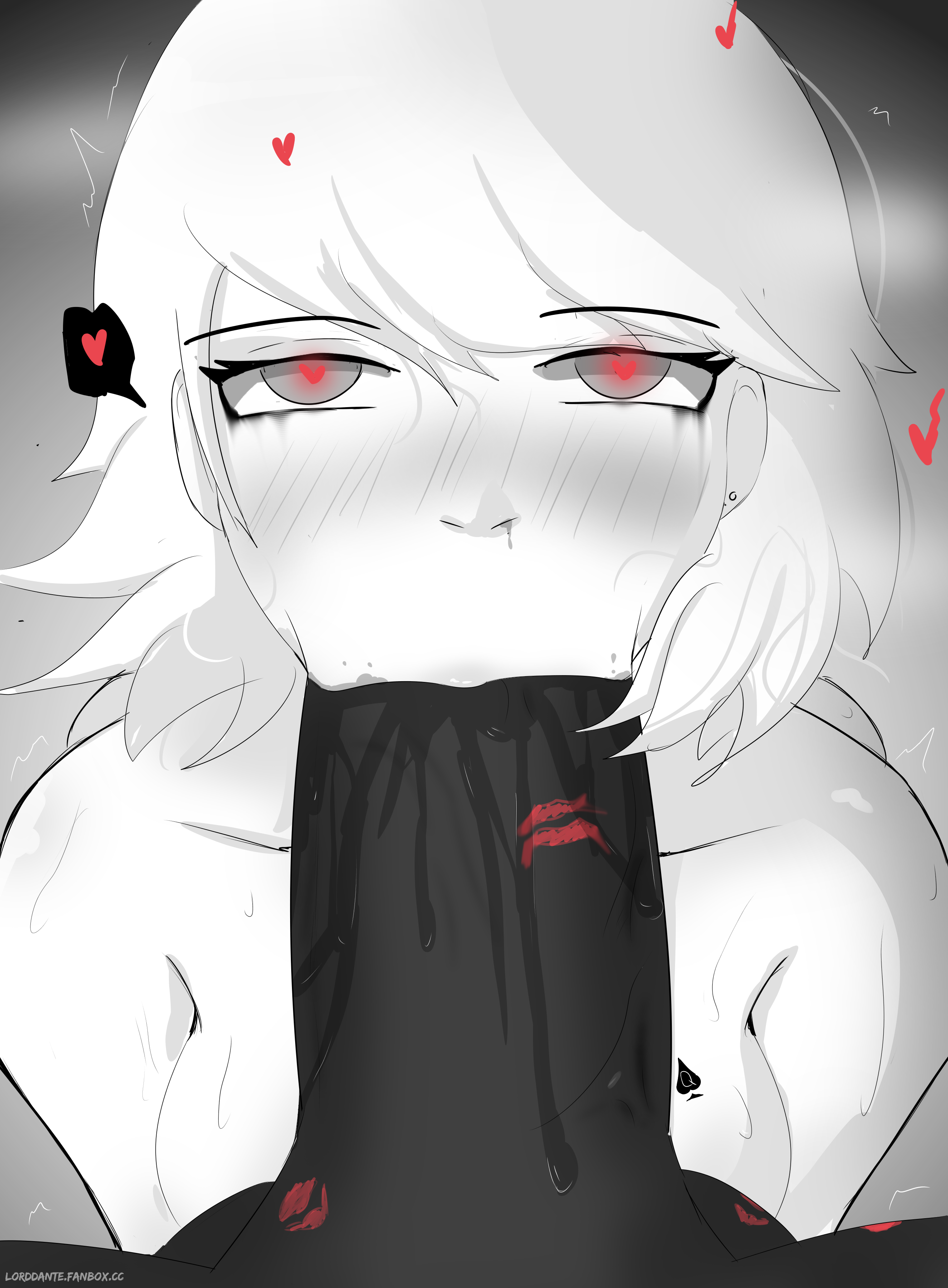 1boy, 1girls, atlus, big dick, big penis, blowjob, breasts, cuckold, dark skin, dark-skinned male, female, glasses, heart, heart-shaped pupils, interracial, kiss mark, light skin, light-skinned female, lipstick mark, lipstick on penis, long hair, lord dante, makeup, male, medium breasts, medium hair, penis, persona, persona 3, pov, pov eye contact, qos, queen of spades, saliva, saliva drip, spade tattoo, spank marks, submissive, submissive female, tattoo, yukari takeba