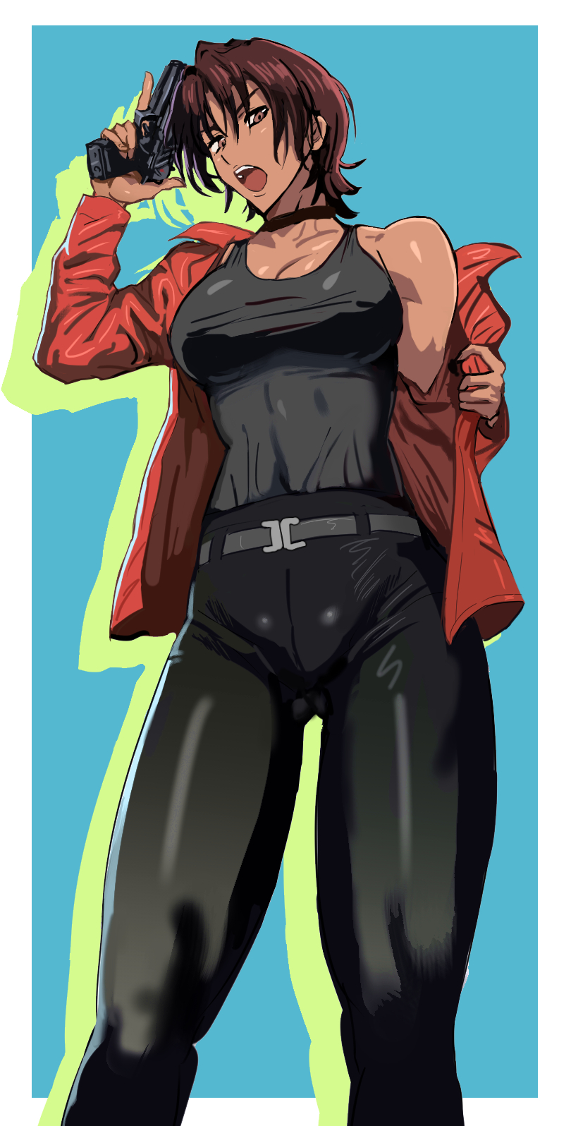 1girls black_choker black_hair blue_background breasts choker cowboy_bebop daraz18aka dark-skinned_female dark_skin electra_ovilo female gun human jacket pants short_hair solo tomboy white_background